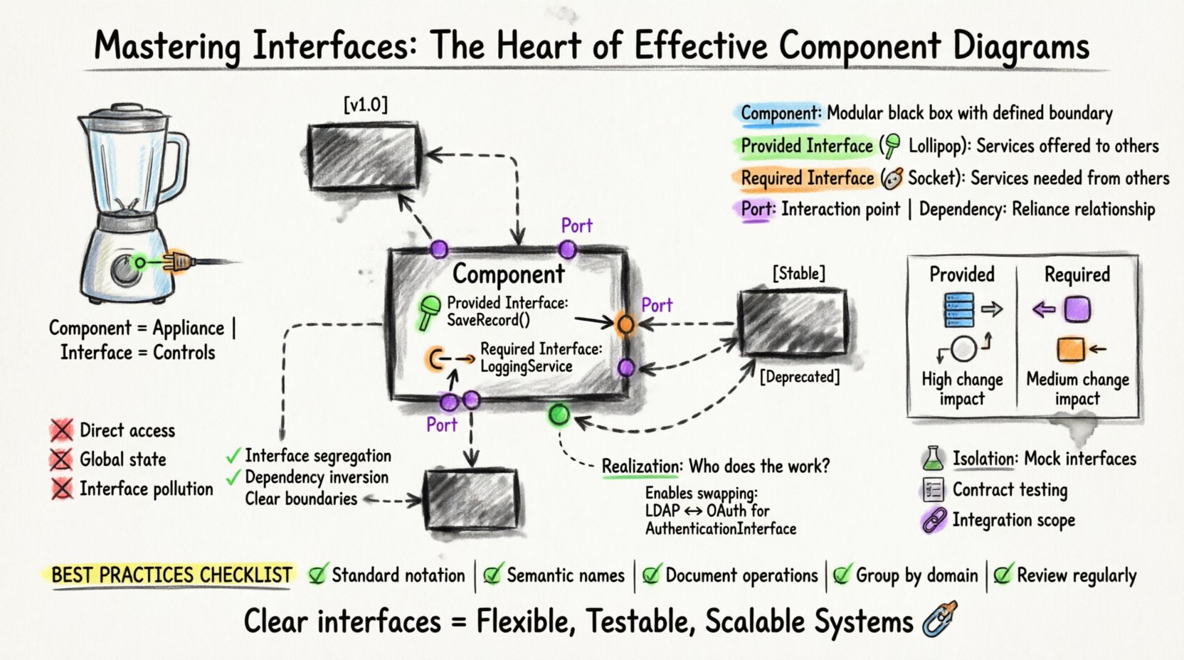Hand-drawn whiteboard infographic illustrating component diagram interfaces: shows provided (lollipop) and required (socket) interfaces, component boundaries, ports, dependencies, realization relationships, coupling strategies, versioning tips, and best practices for scalable software architecture