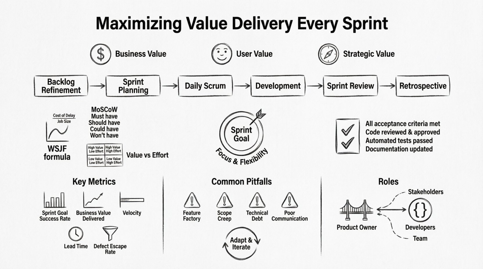 Line art infographic summarizing how Agile Scrum teams maximize value delivery every sprint through backlog refinement, value-driven planning, sprint execution with Daily Scrum and Definition of Done, stakeholder review, and continuous improvement via retrospectives, highlighting three value types (Business, User, Strategic), prioritization frameworks (WSJF, MoSCoW, Value vs Effort), key metrics, common pitfalls to avoid, and Product Owner/Developer roles