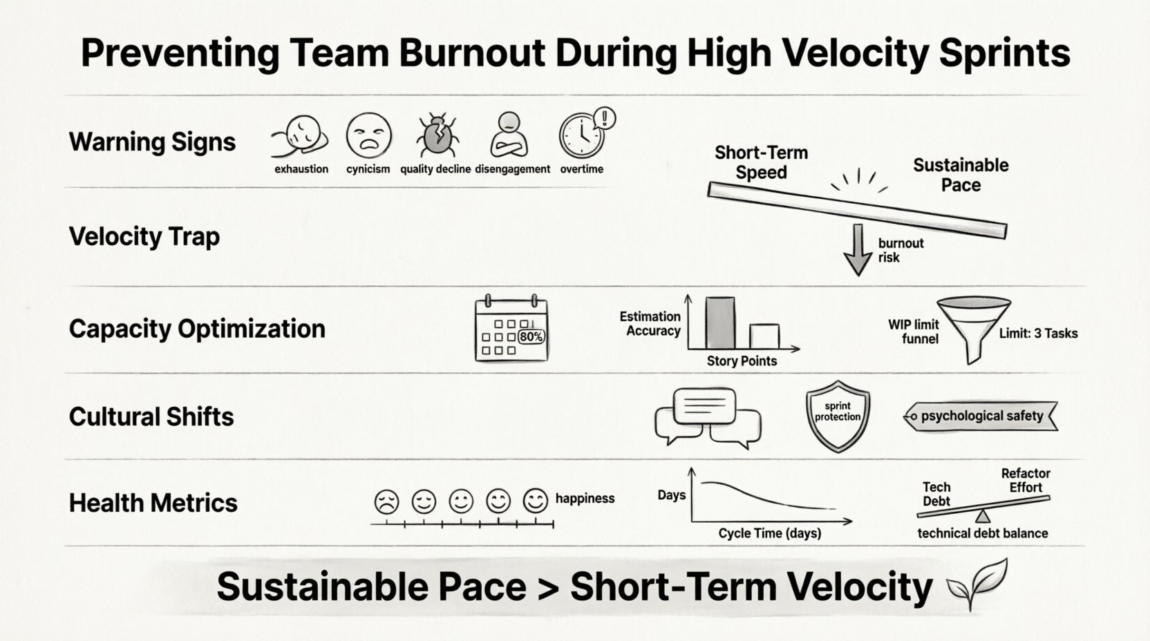 Line art infographic summarizing strategies to prevent team burnout during high-velocity Agile sprints, featuring warning signs like exhaustion and disengagement, velocity trap visualization, capacity optimization tips including 80% planning and WIP limits, cultural shifts for psychological safety, health metrics beyond speed, and the key message that sustainable pace delivers better long-term results than short-term velocity