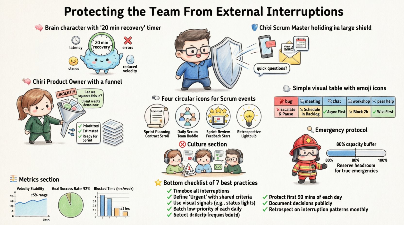 Chibi-style infographic summarizing strategies to protect Scrum teams from external interruptions: cute characters illustrate cognitive cost of context switching, Scrum Master shielding developers with a shield, Product Owner filtering stakeholder requests, interruption types with mitigation responses, Scrum events used for focus protection, culture of asynchronous communication, emergency protocols with buffer capacity, metrics for tracking impact, and a checklist of best practices for maintaining team focus and sustainable agile delivery.