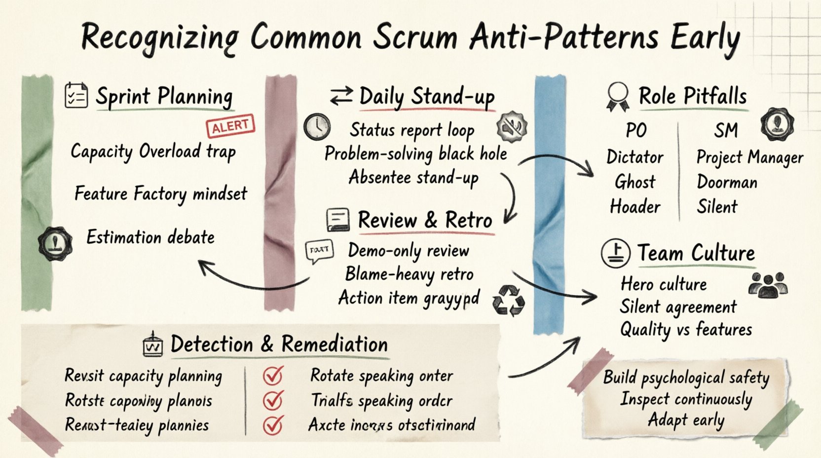 Infographic in stamp and washi tape scrapbook style summarizing common Scrum anti-patterns: sprint planning traps like capacity overload and feature factory mindset, daily stand-up pitfalls including status report loops, retrospective issues like blame-heavy discussions, team culture red flags such as hero culture, and role-specific anti-patterns for Product Owners and Scrum Masters, with detection strategies and remediation tips for agile teams