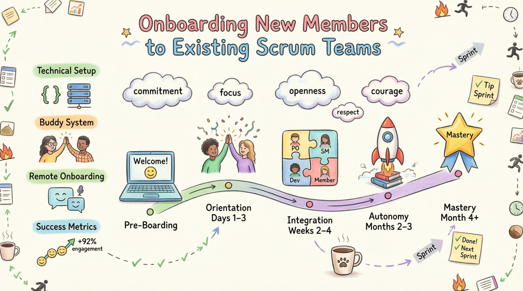 Whimsical infographic illustrating the 5-phase onboarding journey for new Scrum team members: pre-boarding preparation, cultural orientation (days 1-3), skill integration (weeks 2-4), autonomy development (months 2-3), and mastery (month 4+), featuring Scrum values of commitment, focus, openness, respect, and courage, plus buddy system support, technical setup checklist, remote onboarding tips, and success metrics in a playful hand-drawn pastel style