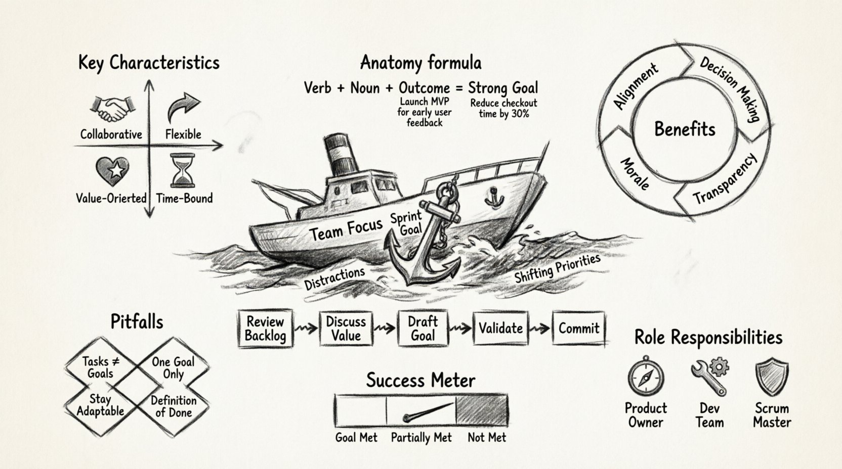 Charcoal sketch infographic illustrating how to set achievable Sprint Goals in Scrum: features anchor metaphor for team focus, key characteristics (collaborative, flexible, value-oriented, time-bound), benefits of clear goals, 5-step creation process, common pitfalls to avoid, role responsibilities for Product Owner/Dev Team/Scrum Master, and success measurement metrics for agile software development teams