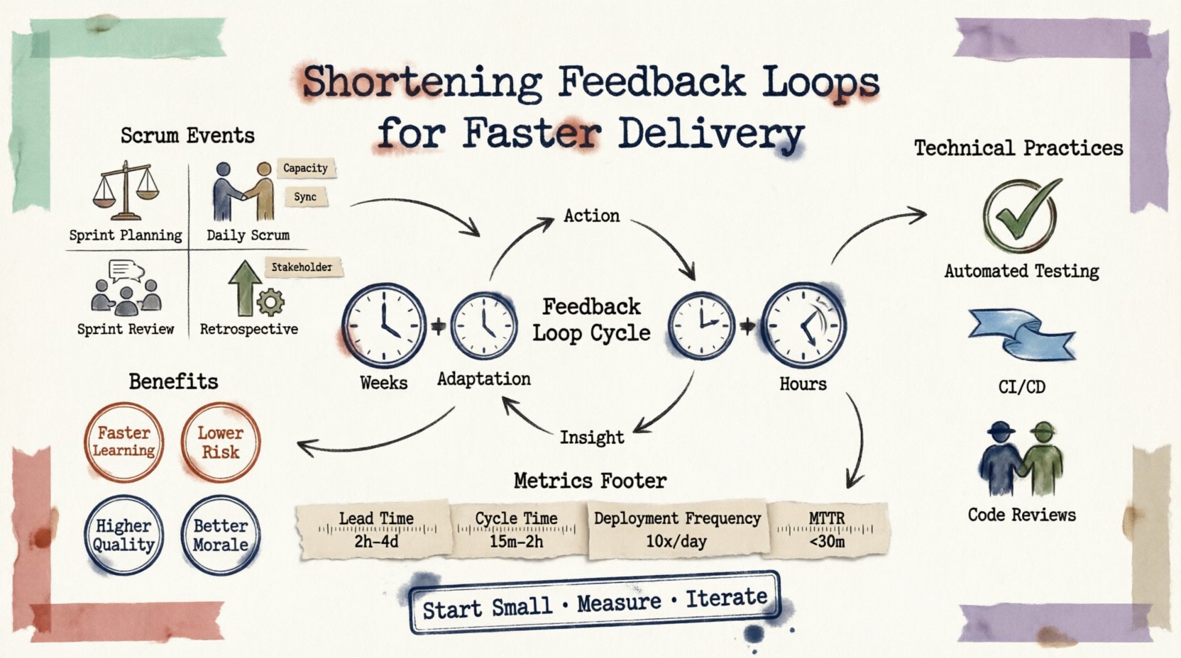 Infographic in stamp and washi tape style summarizing strategies to shorten feedback loops in Scrum and software development: compares long vs short feedback cycles, highlights Scrum events (Sprint Planning, Daily Scrum, Review, Retrospective) as feedback checkpoints, showcases technical practices like automated testing and CI/CD, lists key metrics (Lead Time, Cycle Time, Deployment Frequency, MTTR), and provides actionable steps to reduce waste, increase quality, and accelerate value delivery with a craft-inspired 16:9 visual layout