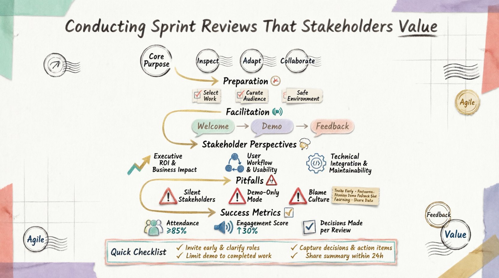 Infographic in stamp and washi tape craft style summarizing how to conduct valuable Agile Sprint Reviews: core purpose (inspect, adapt, collaborate), preparation steps, facilitation techniques, stakeholder perspectives (executive, user, technical), common pitfalls with solutions, and success metrics - designed with decorative washi tape borders, rubber stamp icons, handwritten fonts on textured paper background, 16:9 aspect ratio