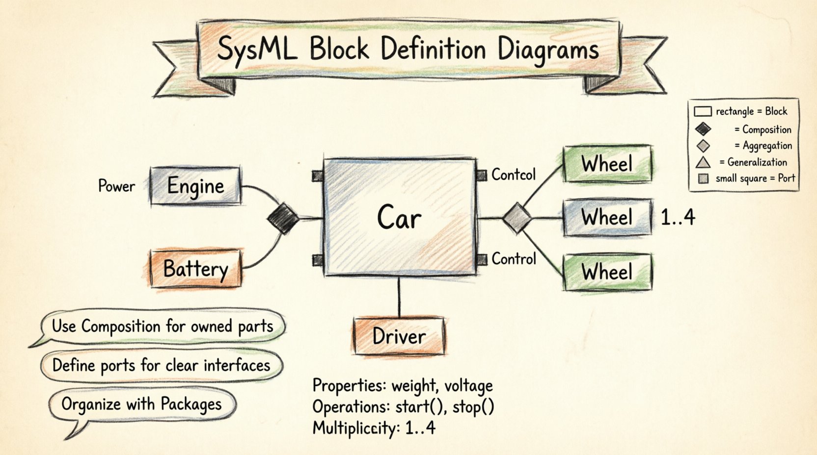 Hand-drawn SysML Block Definition Diagram infographic showing Car system example with composition, aggregation, and reference relationships, ports, properties, operations, and legend explaining BDD symbols for systems engineering structural modeling