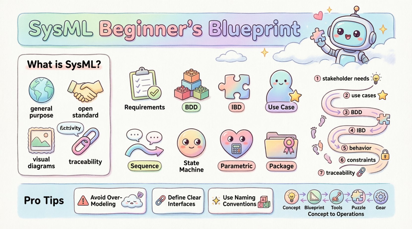 A kawaii-style infographic explaining SysML (Systems Modeling Language) for beginners, featuring pastel-colored vector illustrations of the 9 core diagram types (Requirements, BDD, IBD, Use Case, Sequence, Activity, State Machine, Parametric, Package), structure and behavior modeling concepts, a 7-step architectural process flow, and best practices for building robust system architectures, all presented with rounded shapes, cute icons, friendly typography, and clear English labels in a 16:9 layout