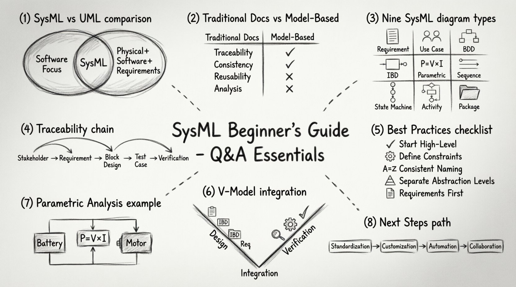 Charcoal contour sketch infographic: SysML Beginner's Guide Q&A covering SysML vs UML comparison, 9 diagram types (Requirement, Use Case, BDD, IBD, Parametric, Sequence, State Machine, Activity, Package), model-based vs traditional documentation benefits, requirements traceability chain, modeling best practices, V-Model/Agile integration, and parametric analysis example for systems engineering