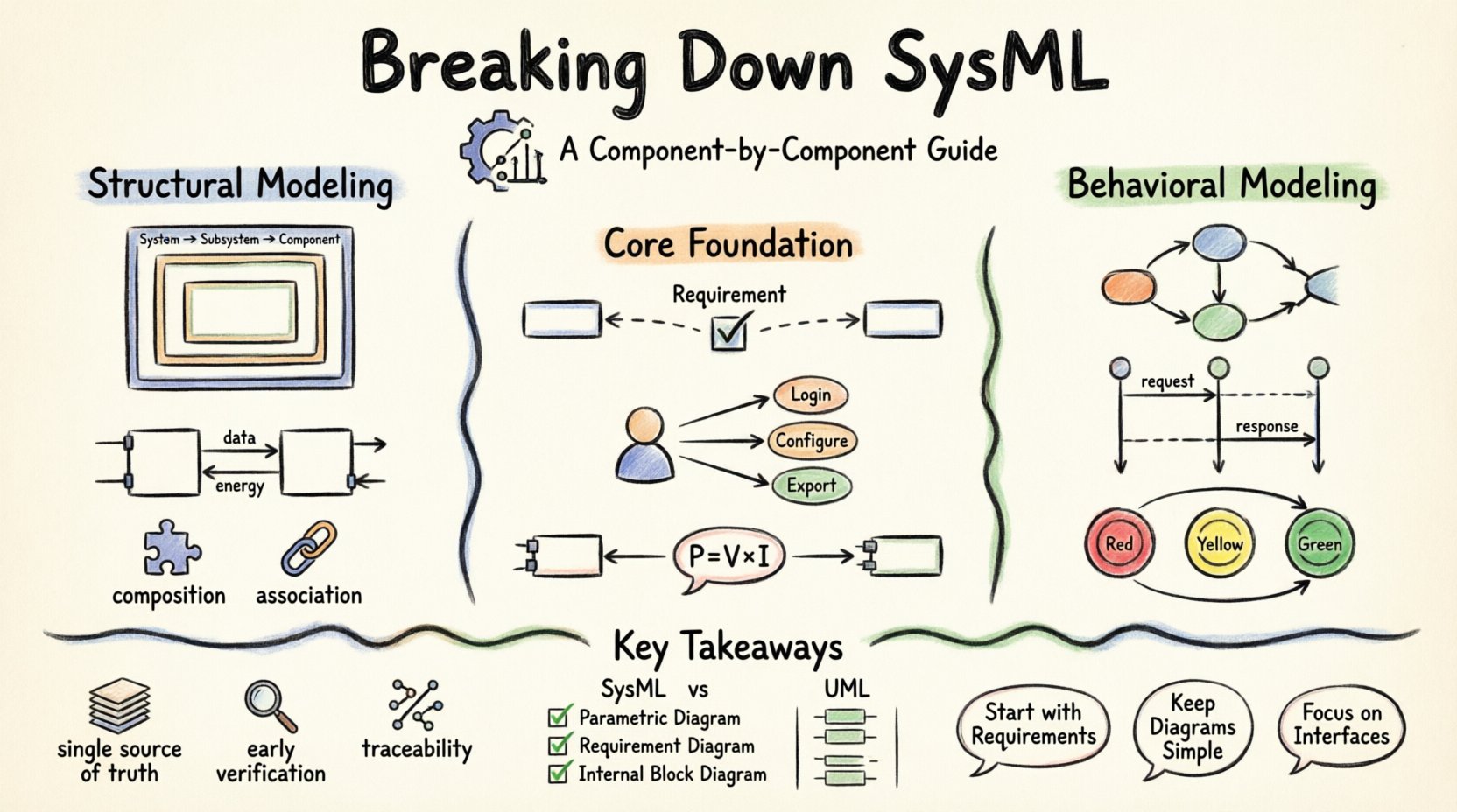 Hand-drawn infographic guide to SysML for beginners featuring 8 core diagram types: Requirement, Use Case, Block Definition, Internal Block, Activity, Sequence, State Machine, and Parametric diagrams; illustrates structural and behavioral modeling concepts, MBSE benefits, SysML vs UML comparison, and best practices, rendered in thick-outline sketch style with warm watercolor accents on 16:9 canvas