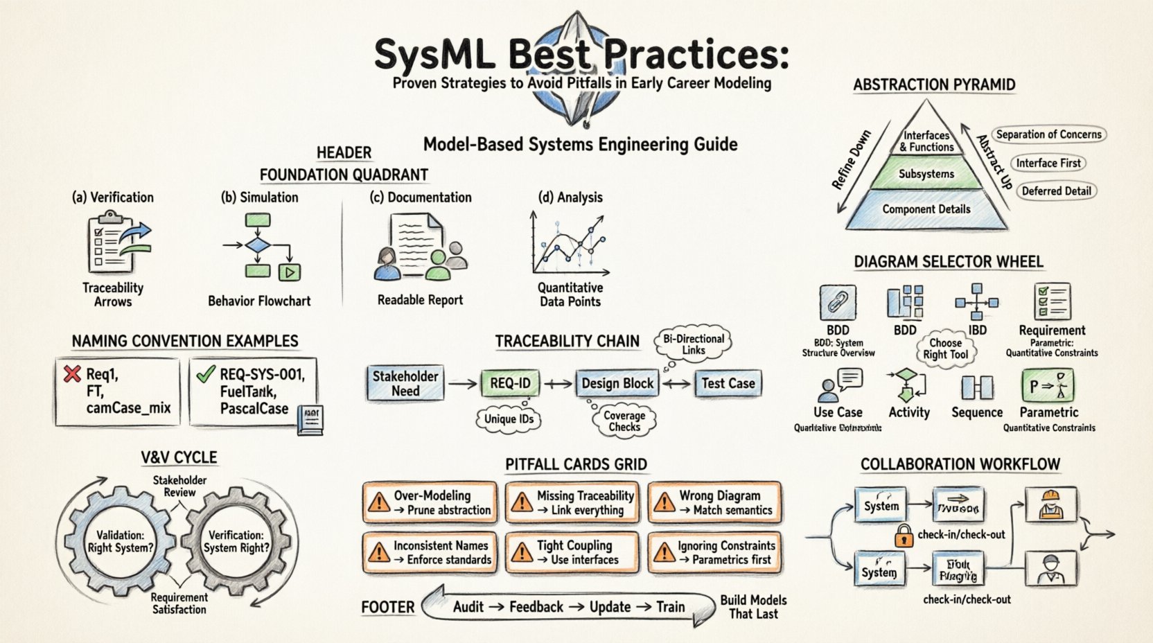 Hand-drawn sketch infographic illustrating SysML best practices for early career engineers, covering model foundation purposes (verification, simulation, documentation, analysis), abstraction hierarchy principles, correct usage of 7 SysML diagram types, requirements traceability chains, naming convention standards, collaborative model management workflows, six common pitfalls with remediation strategies, and validation/verification cycles in model-based systems engineering