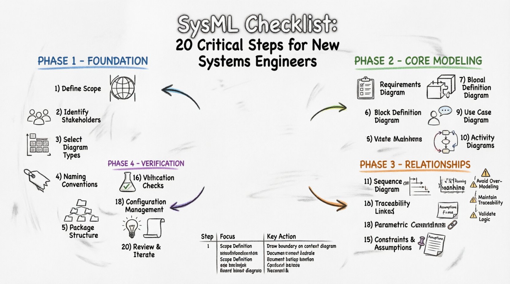 Hand-drawn whiteboard infographic illustrating the 20-step SysML checklist for new systems engineers, organized into four color-coded phases: Foundation & Setup (blue), Core Modeling Elements (green), Relationships & Constraints (orange), and Verification & Maintenance (purple), featuring illustrated icons for each step including scope definition, stakeholder identification, diagram selection, requirements modeling, block definitions, traceability links, parametric constraints, validation checks, and iterative review cycles, with MBSE best practices and common pitfalls highlighted for model-based systems engineering success