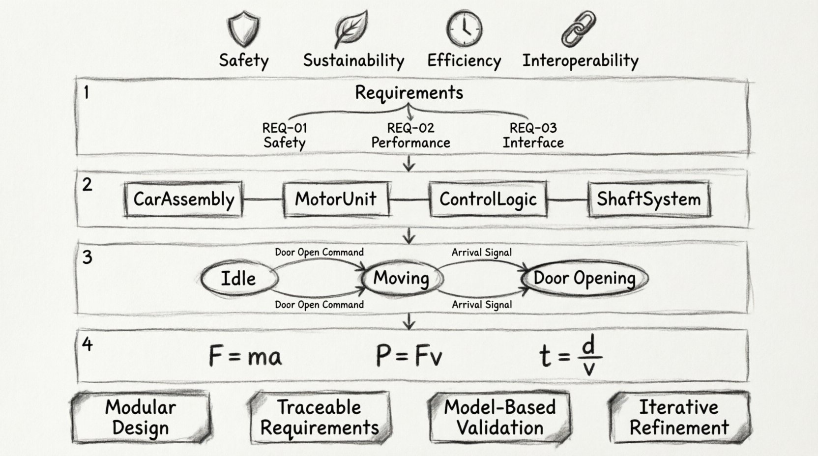 Charcoal sketch infographic illustrating a SysML case study for modeling a complex hydraulic elevator system. Four-phase workflow: Requirements Engineering with hierarchical requirements (Safety, Performance, Interface), Structural Modeling showing Internal Block Diagram with CarAssembly, MotorUnit, ControlLogic, and ShaftSystem components, Behavioral Modeling featuring State Machine and Sequence Diagrams for operational logic, and Parametric Modeling with constraint equations for physical verification. Key objectives highlighted: passenger safety, energy optimization, sub-2-second response time, and full traceability. Best practices included: start small, define standards early, verify often, focus on semantics. Diagram types reference table shows Requirements Diagram for traceability, IBD for interfaces, State Machine for lifecycle, Sequence Diagram for timing analysis, and Parametric Diagram for constraint validation. Hand-drawn charcoal contour style with technical illustration aesthetic.