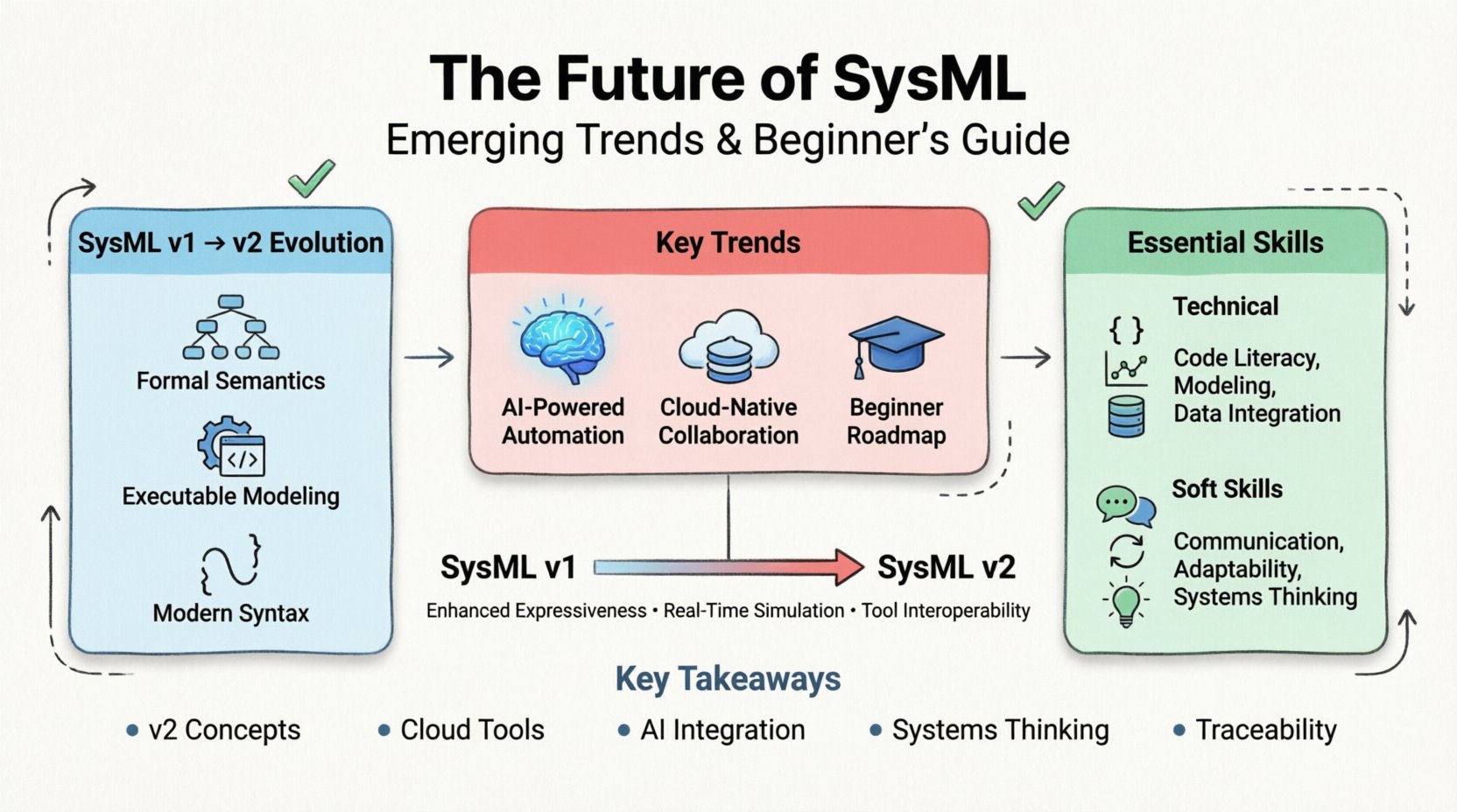 Infographic: The Future of SysML - Emerging trends including SysML v2 features (formal semantics, executable modeling, modern syntax), AI integration for automated model checking and natural-language-to-model conversion, cloud-native collaborative modeling environments with real-time sync and DevOps integration, and a beginner's roadmap covering core systems engineering concepts, essential diagram types (Requirement, Block Definition, Internal Block, Parametric), and key technical and soft skills for career growth in model-based systems engineering