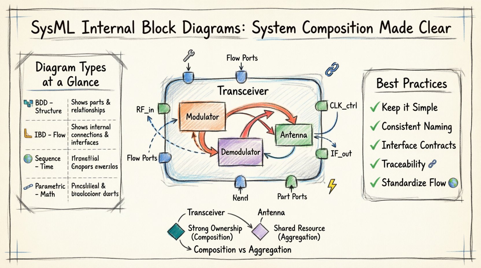 Marker-style infographic explaining SysML Internal Block Diagrams: visual guide showing Transceiver system example with labeled parts (Modulator, Demodulator, Antenna), color-coded ports and connectors, flow vs control distinctions, composition/aggregation relationships, diagram comparison table, and best practices checklist for systems engineering modeling