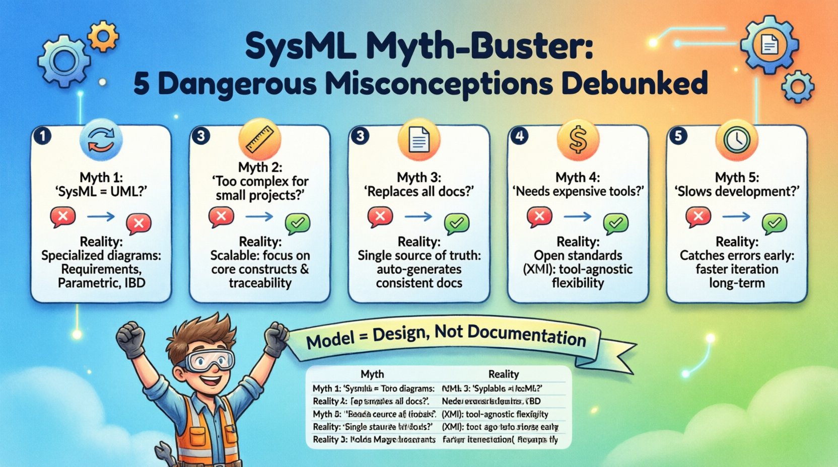 Cartoon infographic debunking 5 SysML misconceptions: (1) SysML is not just UML—it adds Requirements, Parametric, and IBD diagrams for systems engineering; (2) SysML scales to small projects by focusing on core constructs and traceability; (3) Models don't replace documentation—they serve as a single source of truth that auto-generates consistent docs; (4) Expensive tools aren't mandatory—SysML supports open standards like XMI for tool flexibility; (5) Modeling accelerates development by catching errors early and enabling faster iteration. Visual style: friendly cartoon characters, vibrant colors, myth vs reality comparison layout, 16:9 aspect ratio.