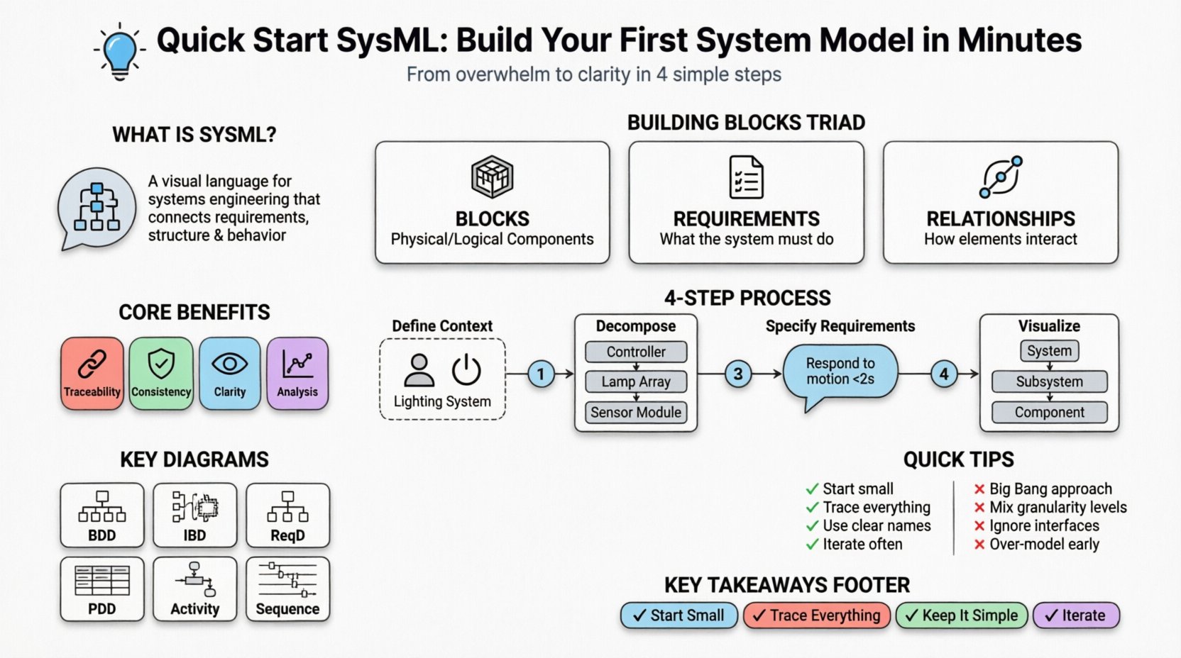 Infographic: Quick Start SysML guide showing how to create your first system model in 4 steps. Flat design with pastel colors features core concepts (Blocks, Requirements, Relationships), key benefits (Traceability, Consistency, Clarity, Analysis), essential SysML diagram types (BDD, IBD, ReqD, PDD, Activity, Sequence), and beginner tips. Uses automated lighting system example to illustrate context definition, system decomposition, requirement allocation, and Block Definition Diagram visualization. Friendly student-focused layout with rounded icons, black outlines, and ample white space for social media or educational materials.