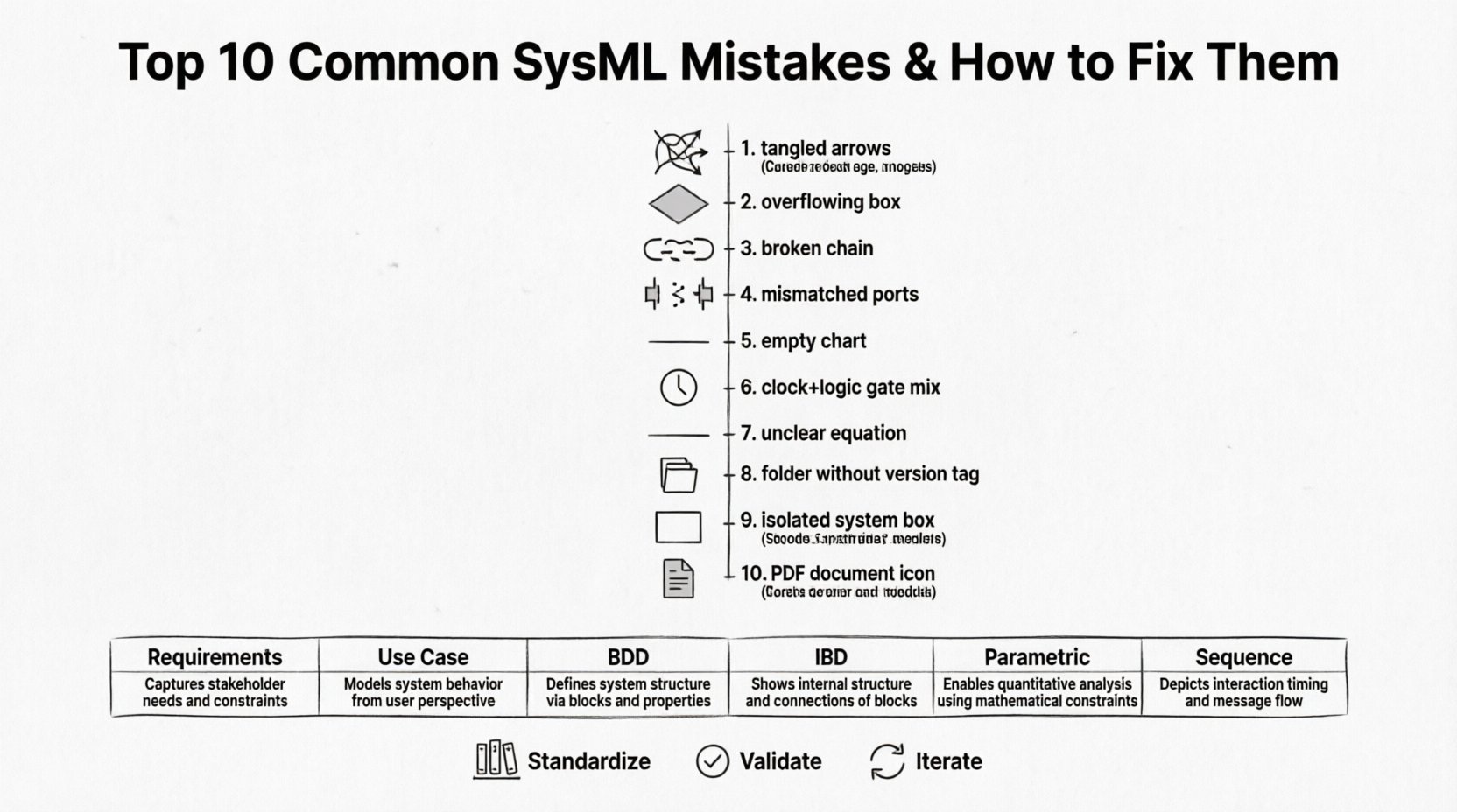 Line art infographic displaying the top 10 common SysML mistakes new systems engineers make and their corrective actions, featuring minimalist icons for each error type including confused use case/activity diagrams, overused block definition diagrams, broken requirements traceability, misinterpreted internal block diagrams, ignored parametric constraints, mixed sequence diagram logic, poor constraint specification, missing version control, neglected external interfaces, and documentation-only modeling, plus a quick-reference table of six core SysML diagram types and their purposes, designed in clean black-and-white vector style for model-based systems engineering professionals