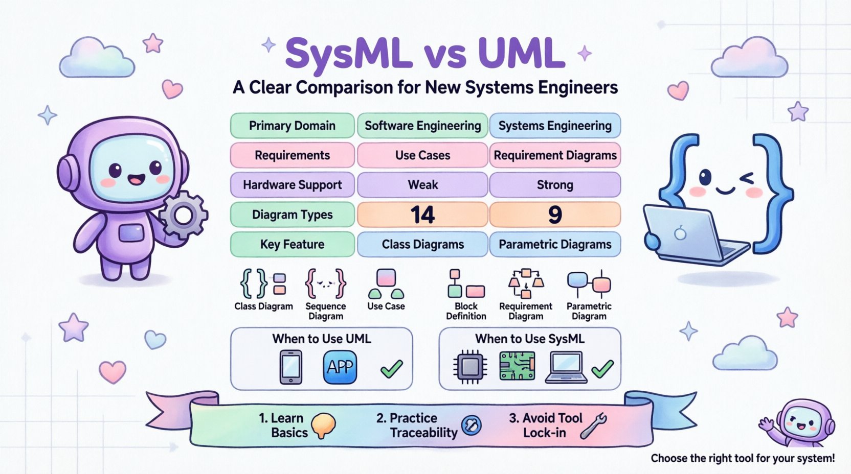 Kawaii cute vector infographic comparing SysML vs UML for new systems engineers, featuring pastel-colored mascots, visual comparison table of diagram types and features, requirements modeling differences, block vs class concepts, and when-to-use guidelines for software versus systems engineering projects