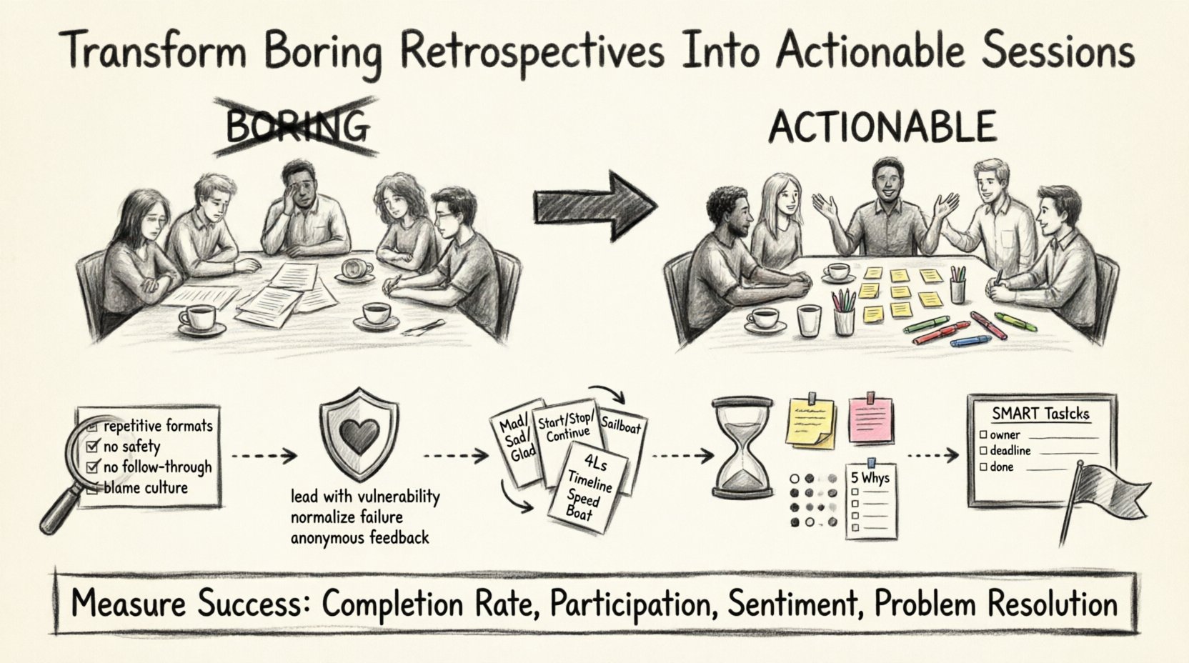 Charcoal sketch infographic illustrating a 5-step framework to transform boring Scrum retrospectives into actionable sessions: diagnosing engagement problems, building psychological safety, selecting retrospective formats (Mad/Sad/Glad, Start/Stop/Continue, Sailboat), facilitation techniques (timeboxing, dot voting, 5 Whys), and converting insights to SMART action items with accountability tracking