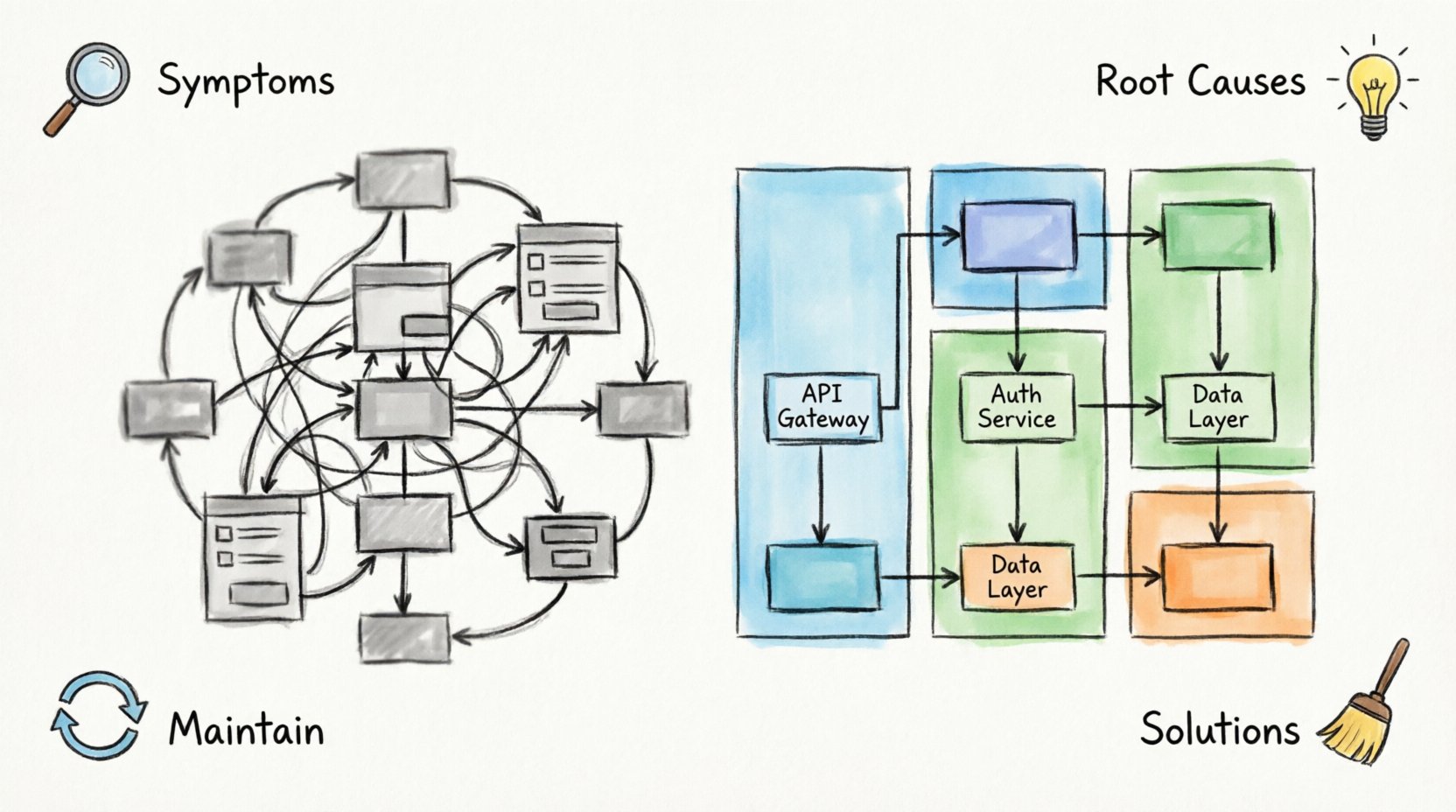 Marker-style infographic illustrating how to fix messy component diagrams: contrasts a chaotic architecture diagram with overlapping boxes and tangled dependencies against a clean organized version with grouped subsystems, clear interface contracts, and consistent naming; highlights key symptoms, root causes, and actionable solutions for improving software architecture documentation clarity