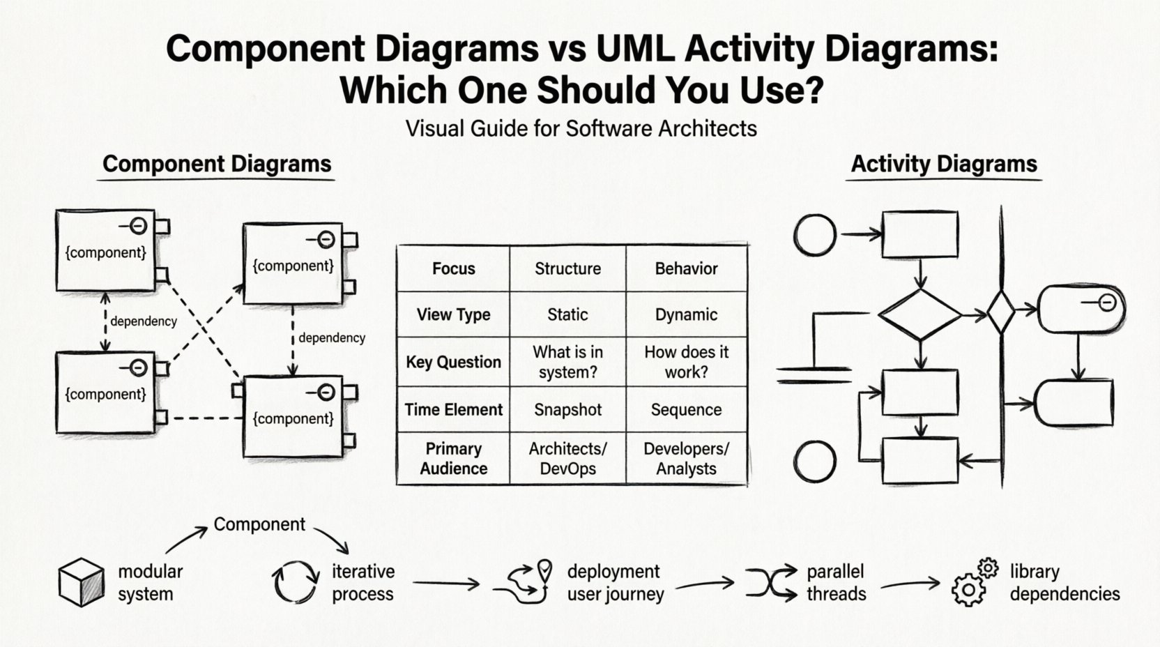 Line art infographic comparing UML Component Diagrams and Activity Diagrams for software architecture, showing structural vs behavioral modeling differences, core elements like component nodes and decision flows, use cases for deployment planning and workflow mapping, and a decision matrix to help architects choose the right diagram type