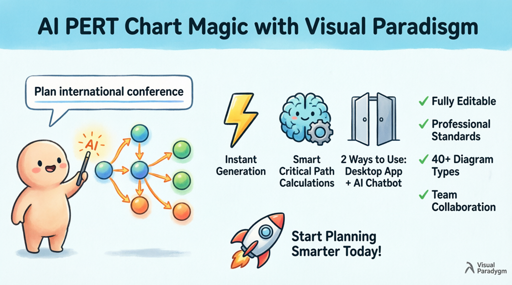Cartoon infographic showing Visual Paradigm's AI PERT chart tool benefits: instant text-to-diagram generation, smart critical path calculations, dual access via desktop app and AI chatbot, fully editable professional results, and support for 40+ diagram types—all in a friendly 16:9 visual summary for project managers.