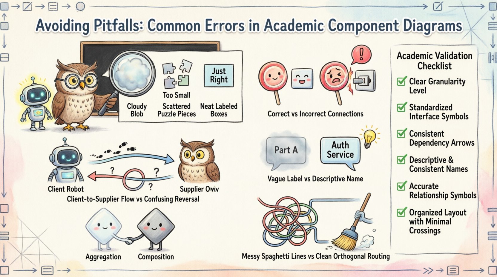 Whimsical educational infographic illustrating 6 common errors in academic component diagrams: granularity ambiguity, interface definition mistakes, dependency direction errors, naming convention issues, relationship confusion, and visual layout problems. Features playful cartoon owl professor and student robots guiding viewers through correct UML modeling practices with lollipop/socket symbols, directional arrows, and clean orthogonal routing. Includes academic validation checklist with green checkmarks. Designed in soft pastel colors with 16:9 aspect ratio for research papers and thesis documentation.
