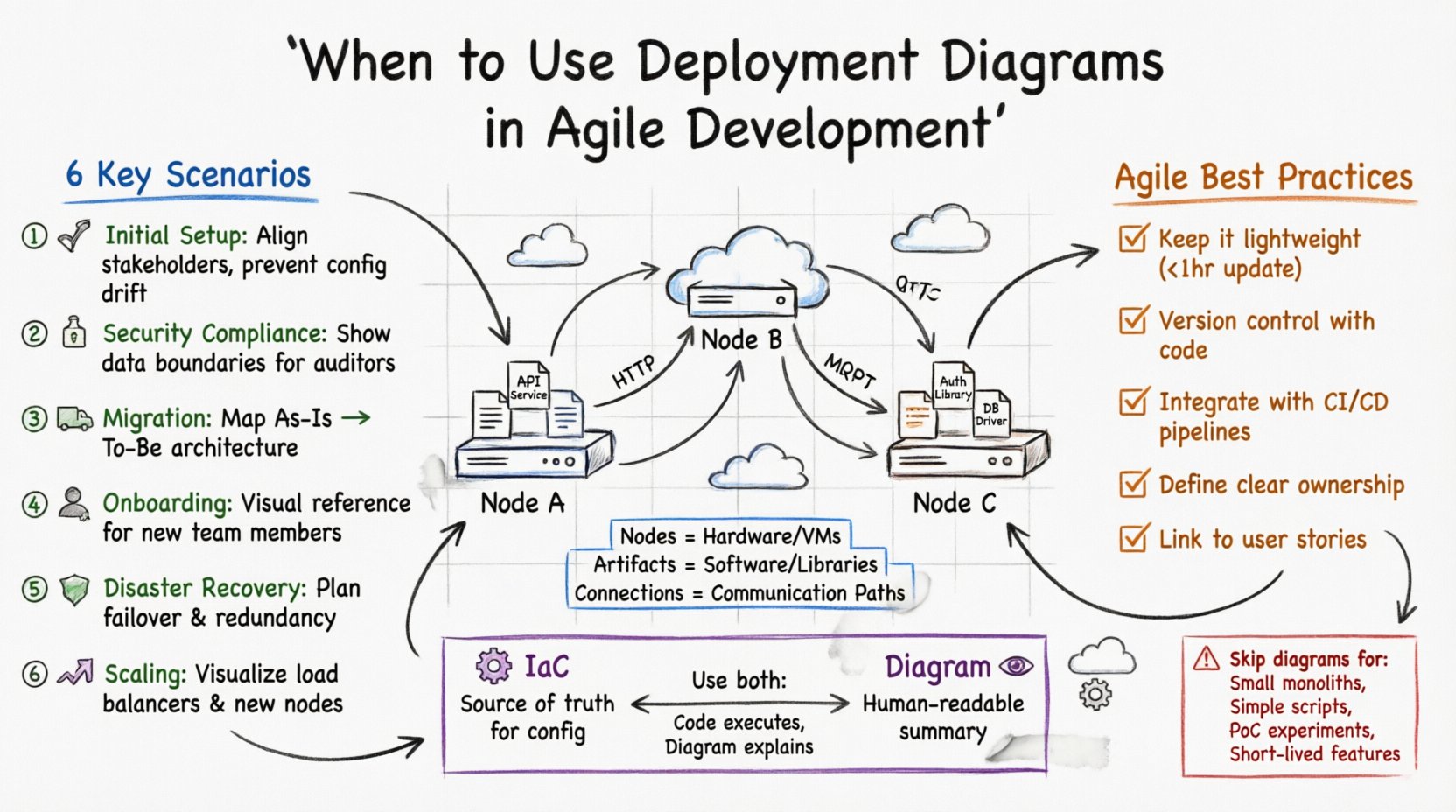 Hand-drawn whiteboard infographic showing when to use deployment diagrams in Agile development: illustrates six key scenarios (initial setup, security compliance, migration, onboarding, disaster recovery, scaling), best practices for Agile integration, comparison of Infrastructure as Code vs. visual diagrams, and guidance on when to skip documentation, all presented with color-coded marker sections on a sketched whiteboard background