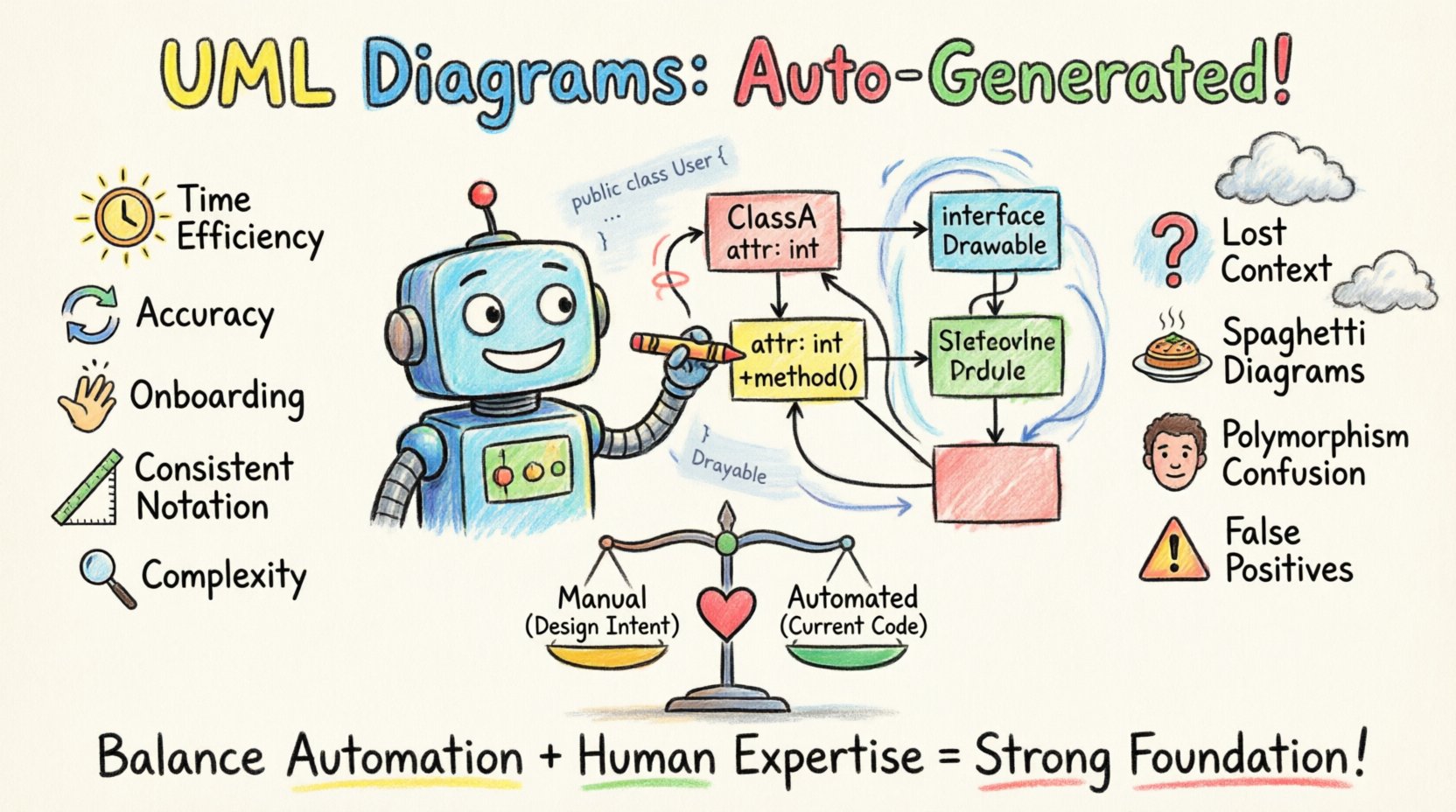 Child-style crayon drawing infographic explaining automated UML class diagram generation: friendly robot converts code blocks into visual diagrams with blue forward-engineering arrow and green reverse-engineering arrow; left side shows sunshine icons for benefits (time savings clock, sync arrows, onboarding wave, consistent ruler, complexity magnifier); right side shows gentle cloud icons for challenges (lost context question mark, spaghetti diagram yarn, polymorphism mask, false positive warning); bottom balance scale compares manual design intent vs automated current code with heart symbol; footer reads 'Balance Automation + Human Expertise = Strong Foundation' in playful handwriting