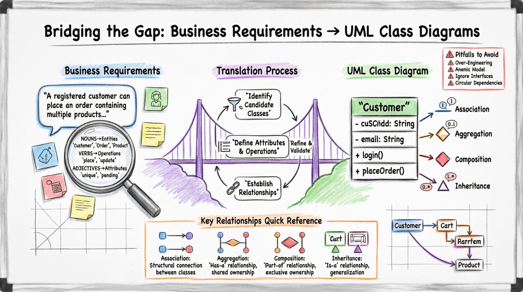 Hand-drawn whiteboard infographic illustrating the translation process from business requirements to UML class diagrams: features a bridge metaphor connecting business analysis (highlighting nouns→entities, verbs→operations, adjectives→attributes) to UML modeling (class compartments, association/aggregation/composition/inheritance relationships, multiplicity notations), with color-coded markers for different concepts, a 3-step workflow (identify classes, define attributes/operations, establish relationships), validation checklist icons, common pitfalls warnings, and a practical e-commerce example showing Customer→Cart→Product relationships
