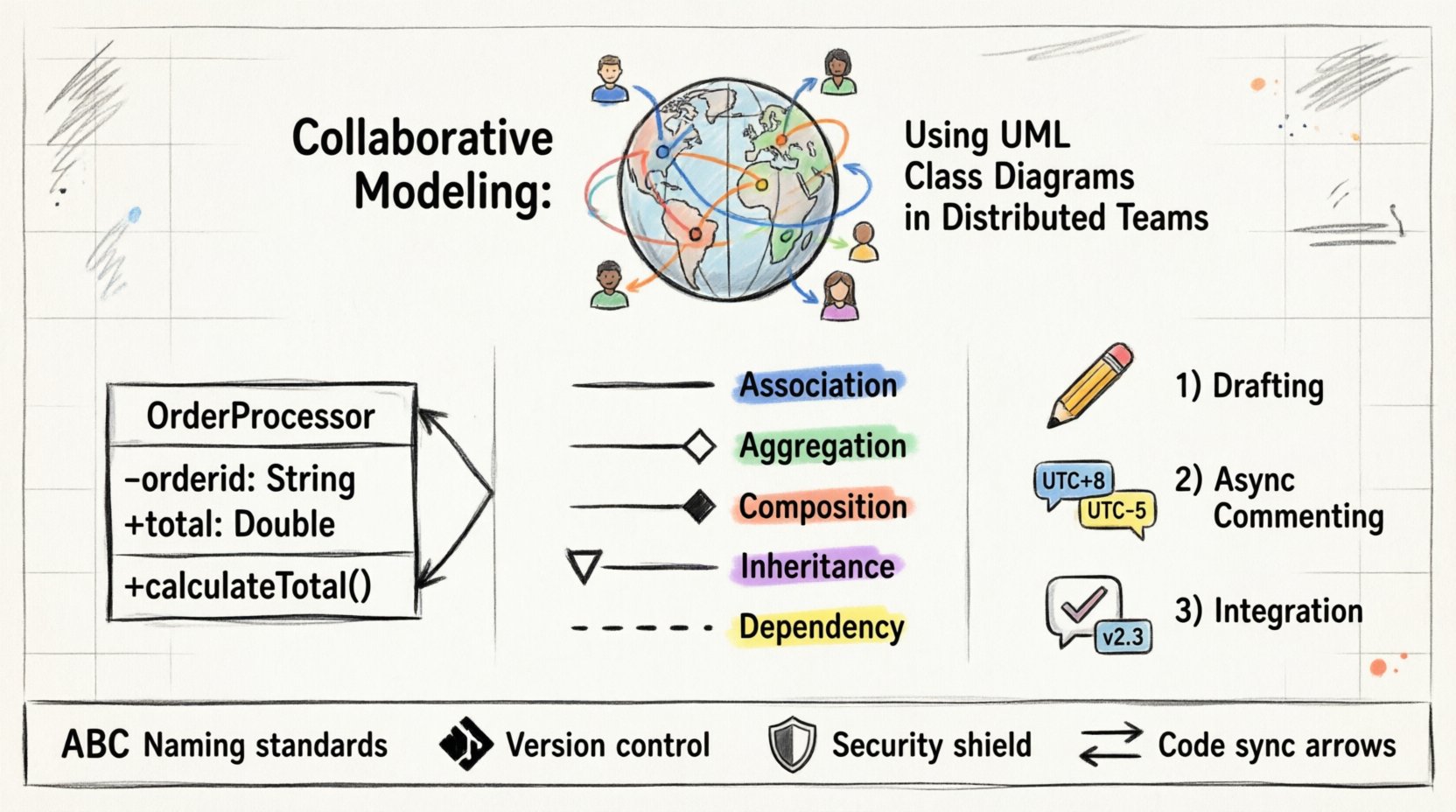 Marker-style infographic illustrating best practices for using UML class diagrams in distributed software teams, featuring core class components, relationship type symbols, asynchronous review workflow, version control strategies, naming conventions, and collaboration tips for remote architecture modeling