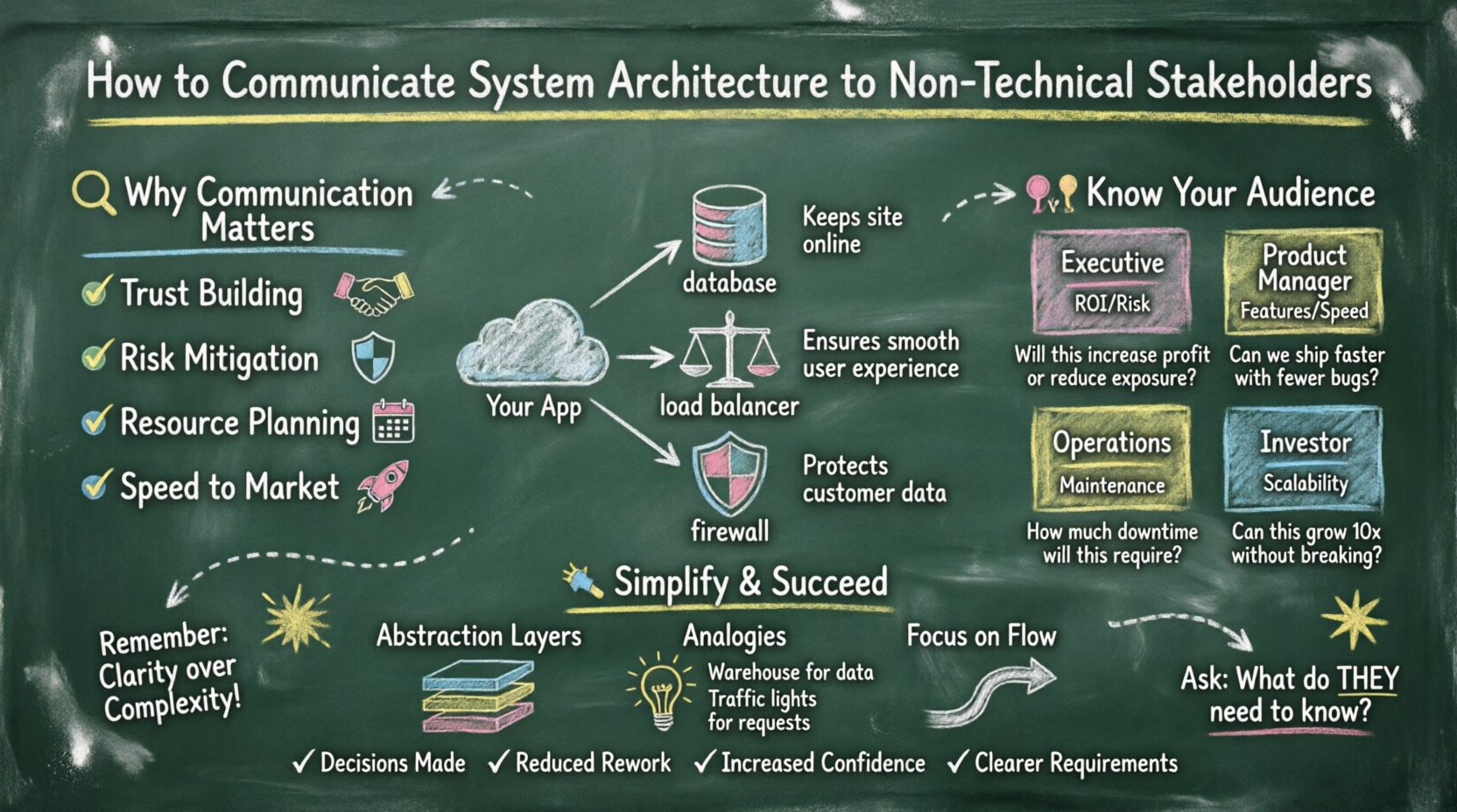 Chalkboard-style infographic illustrating how to explain system architecture to non-technical stakeholders, featuring key sections on why communication matters, audience personas, simplification techniques like analogies and abstraction, visual design principles, and success metrics - all presented in a hand-drawn teacher-friendly layout with business-focused labels instead of technical jargon