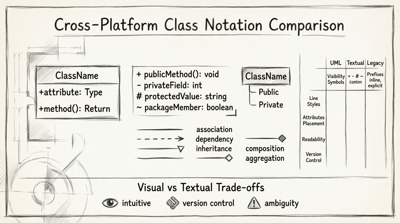 Sketch-style infographic comparing UML 2.x, textual syntax, and legacy notations for class diagrams in software architecture, illustrating class box compartments, visibility symbols (+/-/#/~), relationship line types (association, dependency, inheritance, composition, aggregation), and visual versus text-based modeling trade-offs for version control and readability