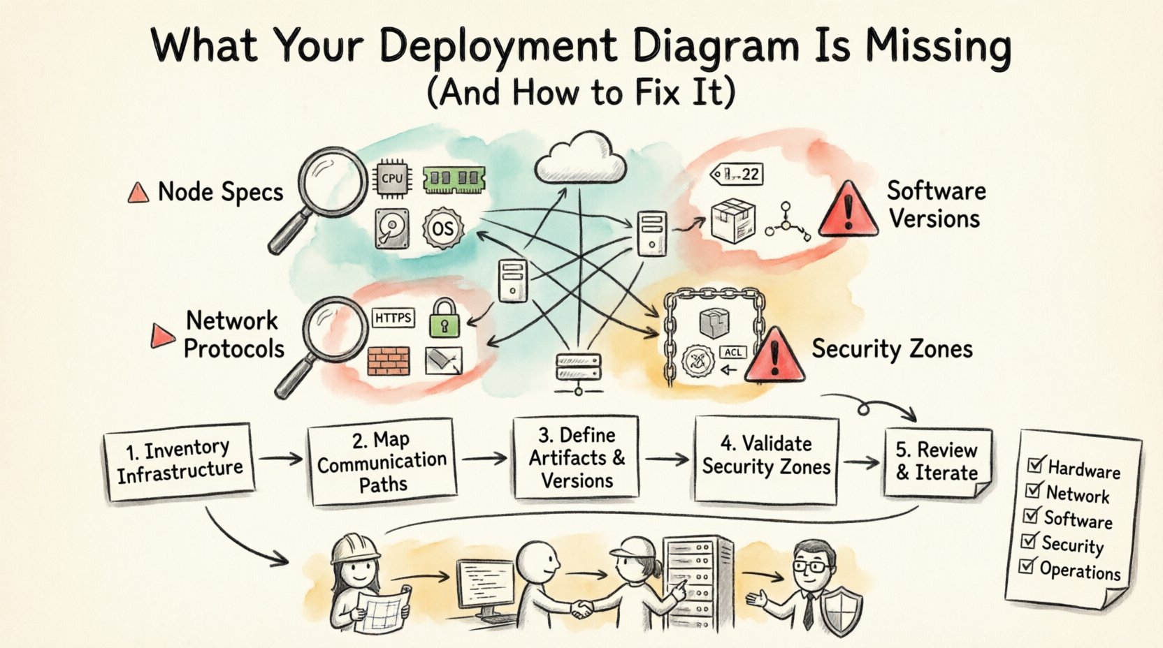 Hand-drawn infographic illustrating the four essential elements missing from deployment diagrams: node specifications with CPU RAM storage OS details, communication protocols with ports encryption and load balancing, software artifacts with version numbers and dependencies, and security boundaries with zoning and authentication, plus a five-step workflow to fix diagrams and a completeness checklist for DevOps teams to improve system reliability