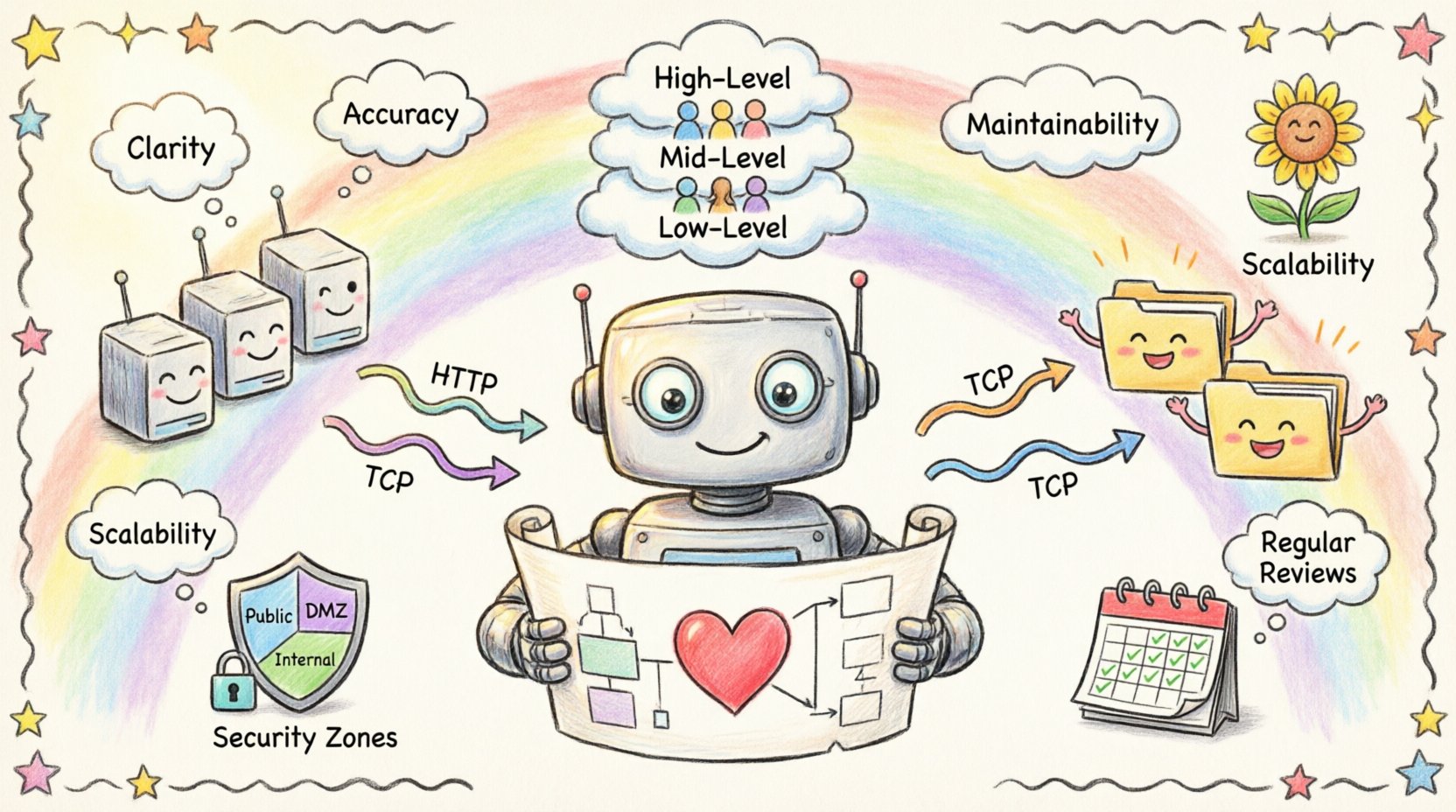 Child's drawing style infographic explaining how to build deployment diagrams that last, featuring a friendly robot architect, three abstraction level layers, cute server nodes with smiley faces, file artifacts, colorful connection arrows with protocols, scalability plant, security shield zones, and maintenance calendar in a playful crayon-and-marker aesthetic with bright pastel colors and hand-drawn borders