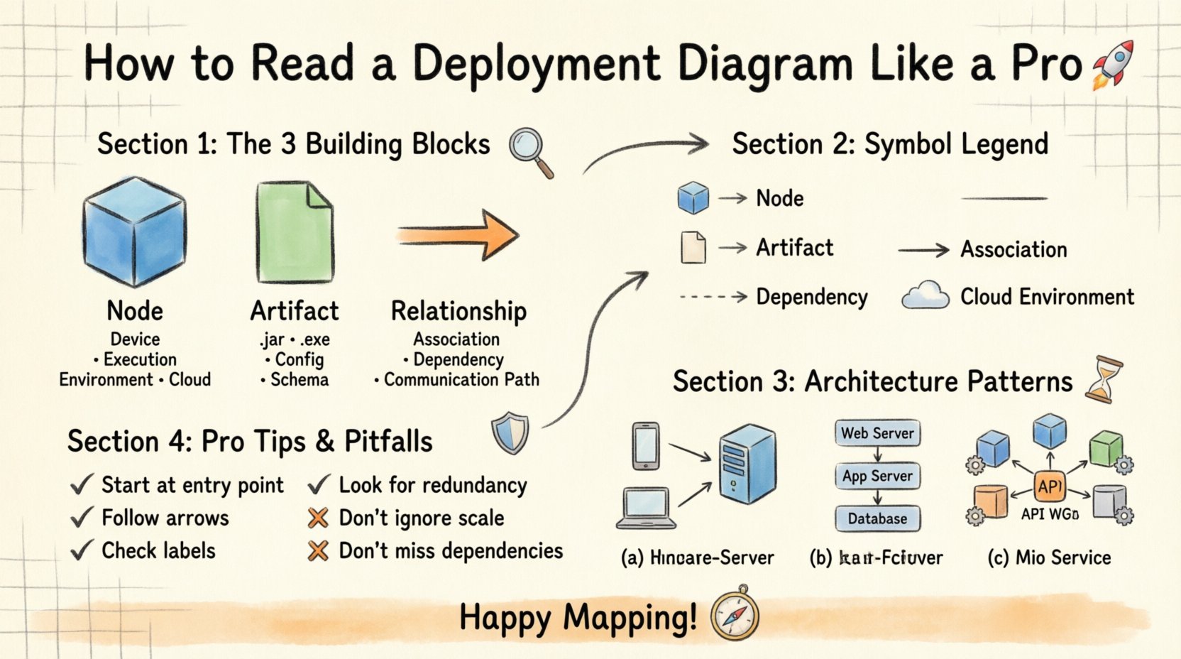 Hand-drawn infographic guide teaching how to read UML deployment diagrams: illustrates the 3 core building blocks (nodes as 3D cubes, artifacts as folded rectangles, relationships as connecting lines), symbol legend with visual key, three common architecture patterns (client-server, multi-tier, microservices), and pro tips for identifying bottlenecks, security boundaries, and best practices for interpretation