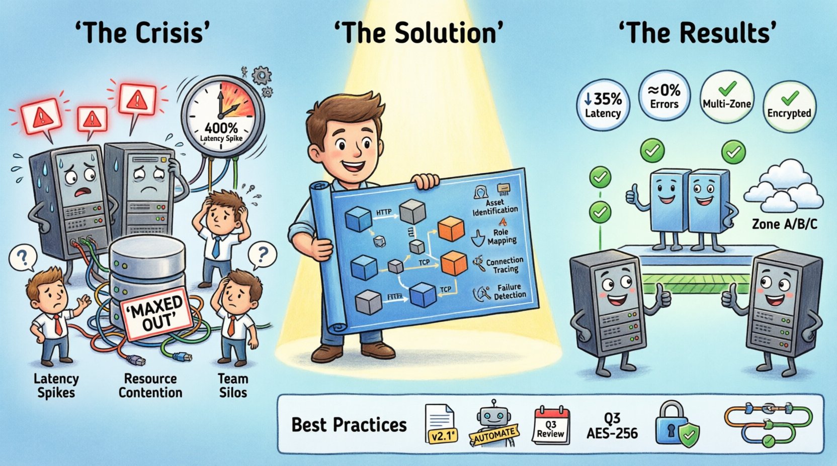 Cartoon infographic illustrating a real-world case study: how creating a deployment diagram resolved a scaling crisis. Visual flow shows three stages: (1) Crisis phase with stressed servers, 400% latency spikes, database contention, and team silos; (2) Solution phase featuring engineers mapping infrastructure with clear node diagrams, connection tracing, and bottleneck identification; (3) Optimized results showing redundant load balancers, multi-zone distribution, encrypted connections, and metrics including 35% latency reduction and near-zero errors. Includes best practices icons for versioning, automation, regular reviews, communication details, and dependency documentation. Educational visual guide for DevOps teams on infrastructure visualization and system design.