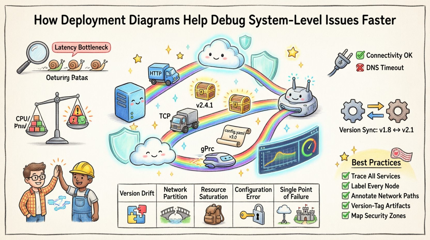 Whimsical infographic illustrating how deployment diagrams accelerate system-level debugging: shows nodes (servers, clouds, devices), artifacts (executables, configs, databases), and communication paths (HTTP, TCP, gRPC) in a playful topology map; highlights debugging scenarios like latency bottlenecks, connectivity failures, version drift, and resource contention with visual cues; emphasizes Dev-Ops collaboration, automated diagram synchronization, monitoring integration, and security boundaries to improve MTTR and operational resilience.