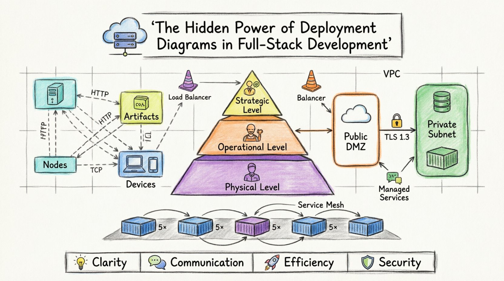 Marker-style infographic illustrating the hidden power of deployment diagrams in full-stack development, showing core elements (nodes, artifacts, connections, devices), infrastructure topology levels, cloud architecture visualization, security trust boundaries, microservices complexity management, and key benefits including clarity, communication, efficiency, and security for software engineering teams