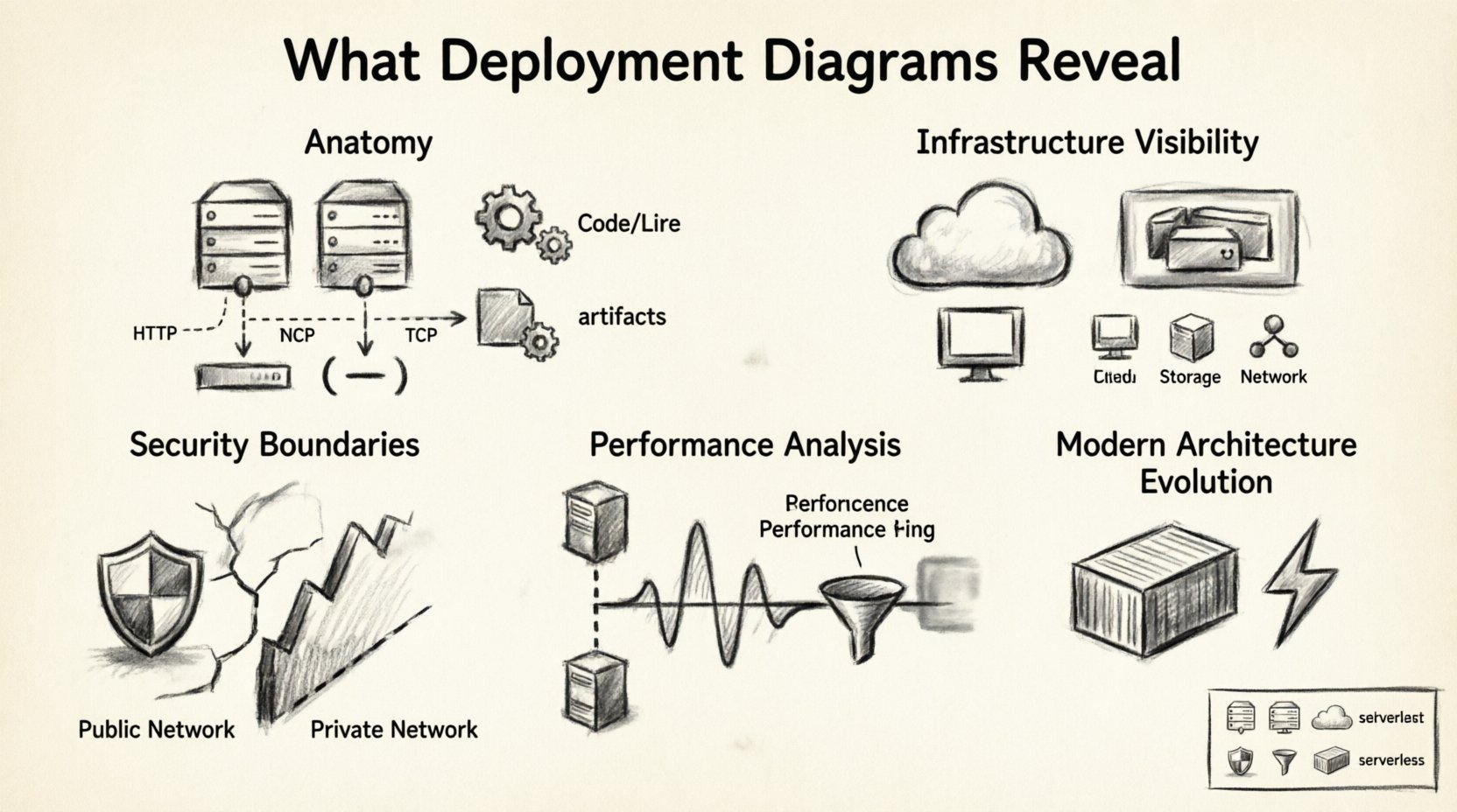 Charcoal sketch infographic illustrating deployment diagrams: shows nodes (servers, cloud instances), artifacts (code, databases), and communication paths (HTTP/TCP protocols); visualizes infrastructure visibility, security trust zones with firewalls, performance bottlenecks, and modern architecture evolution including containers and serverless; hand-drawn contour style with technical labels for software engineering documentation