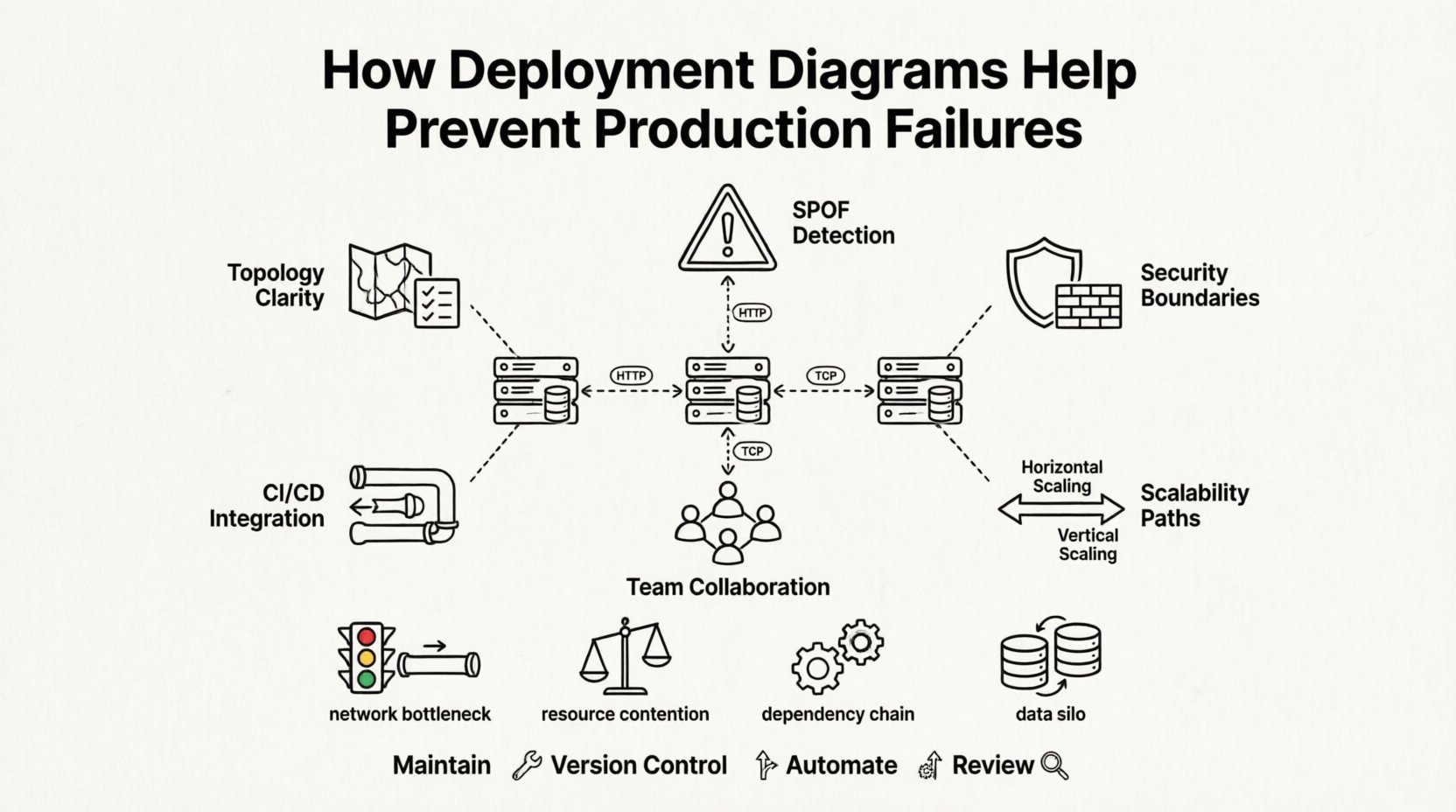 Line art infographic illustrating how deployment diagrams prevent production failures: shows nodes, artifacts, connectors, and interfaces mapping infrastructure topology; highlights benefits including SPOF detection, security boundary planning, scalability modeling, team collaboration, and CI/CD integration; visualizes risk mitigation for network bottlenecks, resource contention, dependency chains, and data silos; includes best practices for diagram maintenance with version control and automation icons