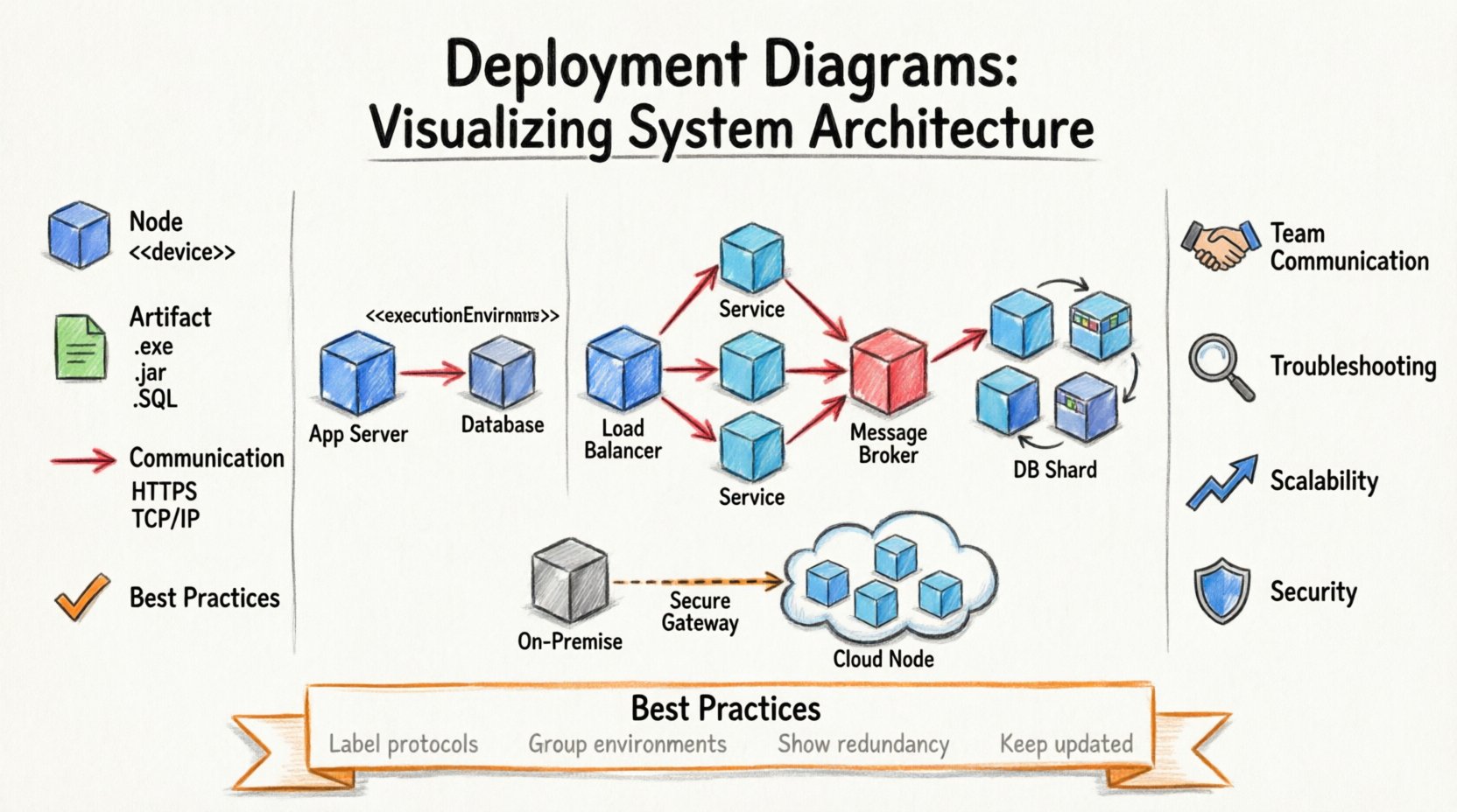 Hand-drawn whiteboard infographic explaining deployment diagrams in UML: shows core components (nodes as 3D cubes, artifacts as documents, communication paths as colored arrows), three real-world architecture examples (monolith, microservices, hybrid cloud), key benefits for team communication and troubleshooting, and best practices for modeling system infrastructure with color-coded markers