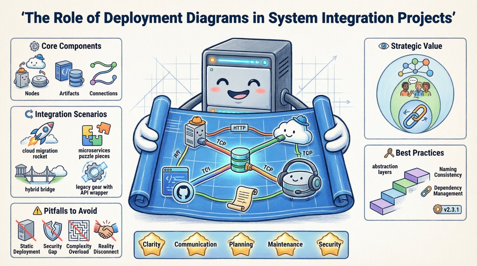 Cartoon infographic illustrating deployment diagrams in system integration: shows core components (nodes like servers/cloud/routers, artifacts like code/databases/configs, connections with protocols), strategic benefits (topology visualization, cross-team communication, scalability planning), integration scenarios (cloud migration, microservices, hybrid environments, legacy modernization), best practices (abstraction levels, naming conventions, dependency documentation, version control), and common pitfalls to avoid, all designed with friendly characters and vibrant colors for intuitive understanding