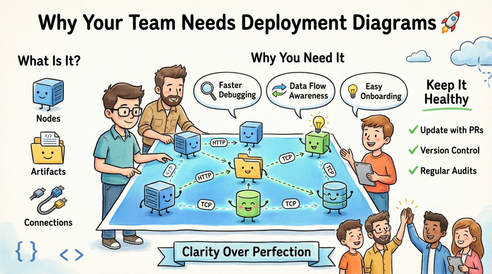 Cartoon infographic explaining why software teams need deployment diagrams: shows nodes, artifacts, and connections with benefits like faster debugging, better onboarding, and DevOps integration, plus maintenance checklist for keeping documentation accurate and useful