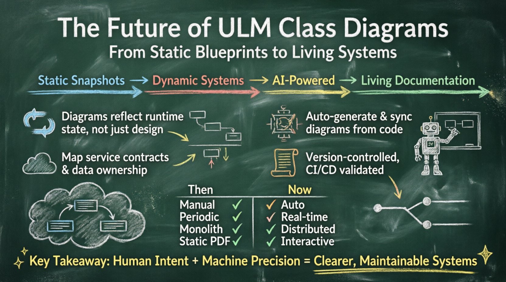 Chalkboard-style educational infographic illustrating the evolution of UML class diagrams in software engineering, showing the transition from static manual blueprints to AI-powered, dynamically synchronized, microservices-aware living documentation with version control integration, presented in a teacher's hand-written chalk aesthetic for easy understanding