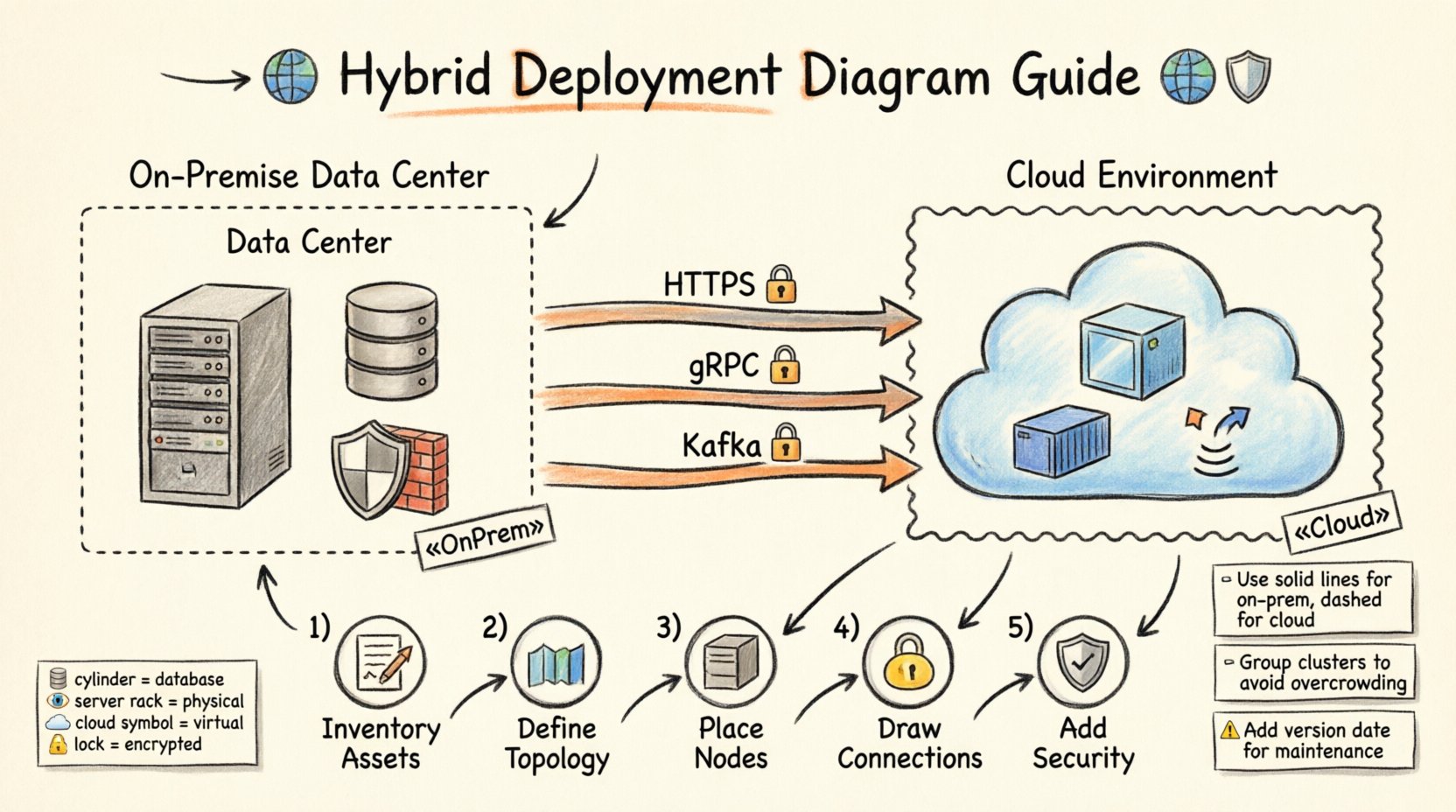 Hand-drawn infographic illustrating how to model cloud and on-premise systems in a unified deployment diagram, featuring visual conventions for hybrid infrastructure, security boundaries with firewalls and encryption indicators, connectivity protocols like HTTPS and gRPC, step-by-step modeling process, and best practices for clarity, accuracy, and maintainability in architectural documentation