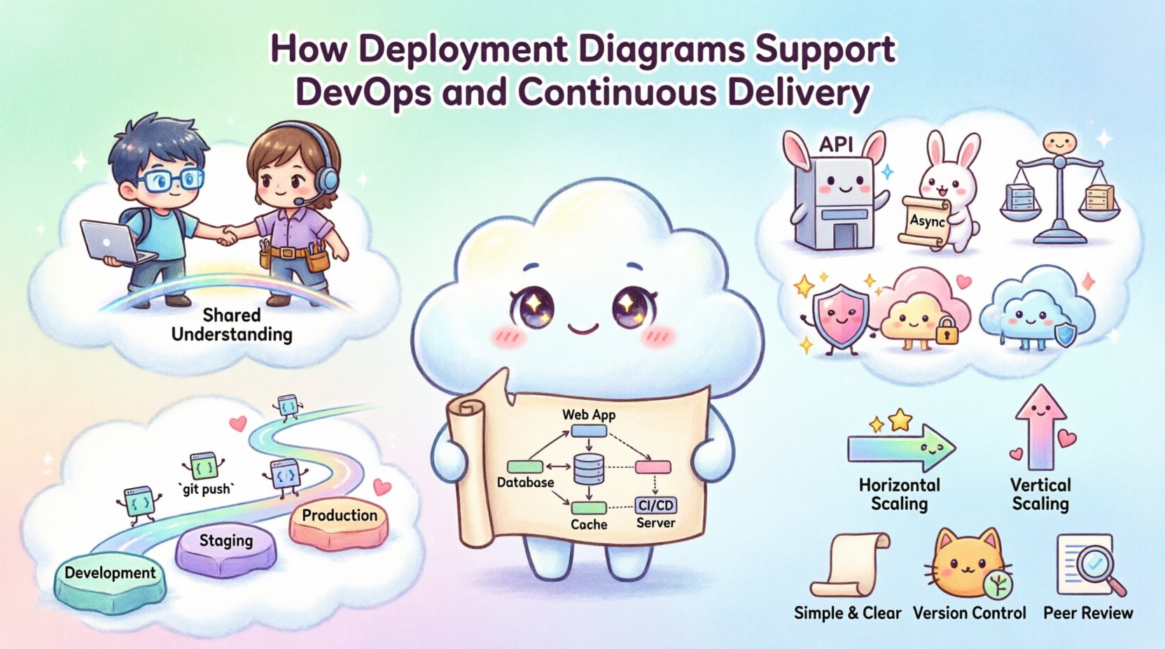 Kawaii-style infographic illustrating how deployment diagrams support DevOps and Continuous Delivery, featuring cute cloud servers, chibi developer and ops characters, pipeline stages from development to production, integration points like API gateways and load balancers, security shields, and scaling indicators in soft pastel colors