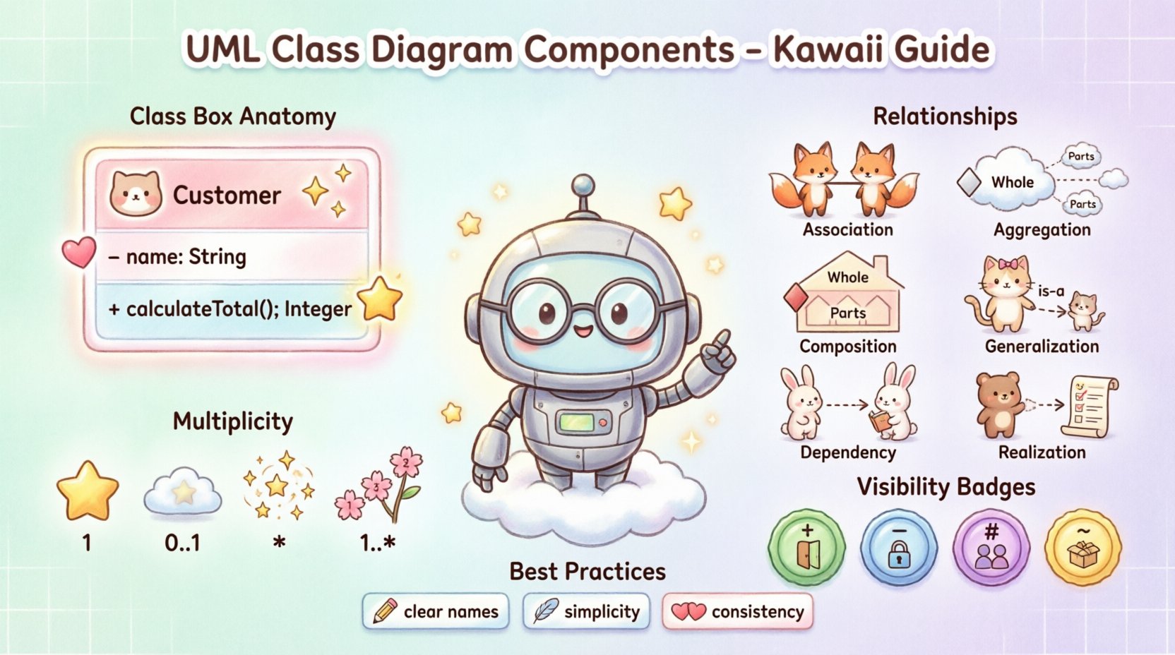 Kawaii-style infographic explaining UML Class Diagram components: cute robot mascot guides viewers through class box anatomy (name, attributes, operations), six relationship types with adorable visual metaphors (association, aggregation, composition, generalization, dependency, realization), multiplicity notations, visibility modifiers (+, -, #, ~), and best practices. Soft pastel colors, rounded playful design, 16:9 aspect ratio, English text for software developers and students learning object-oriented design.