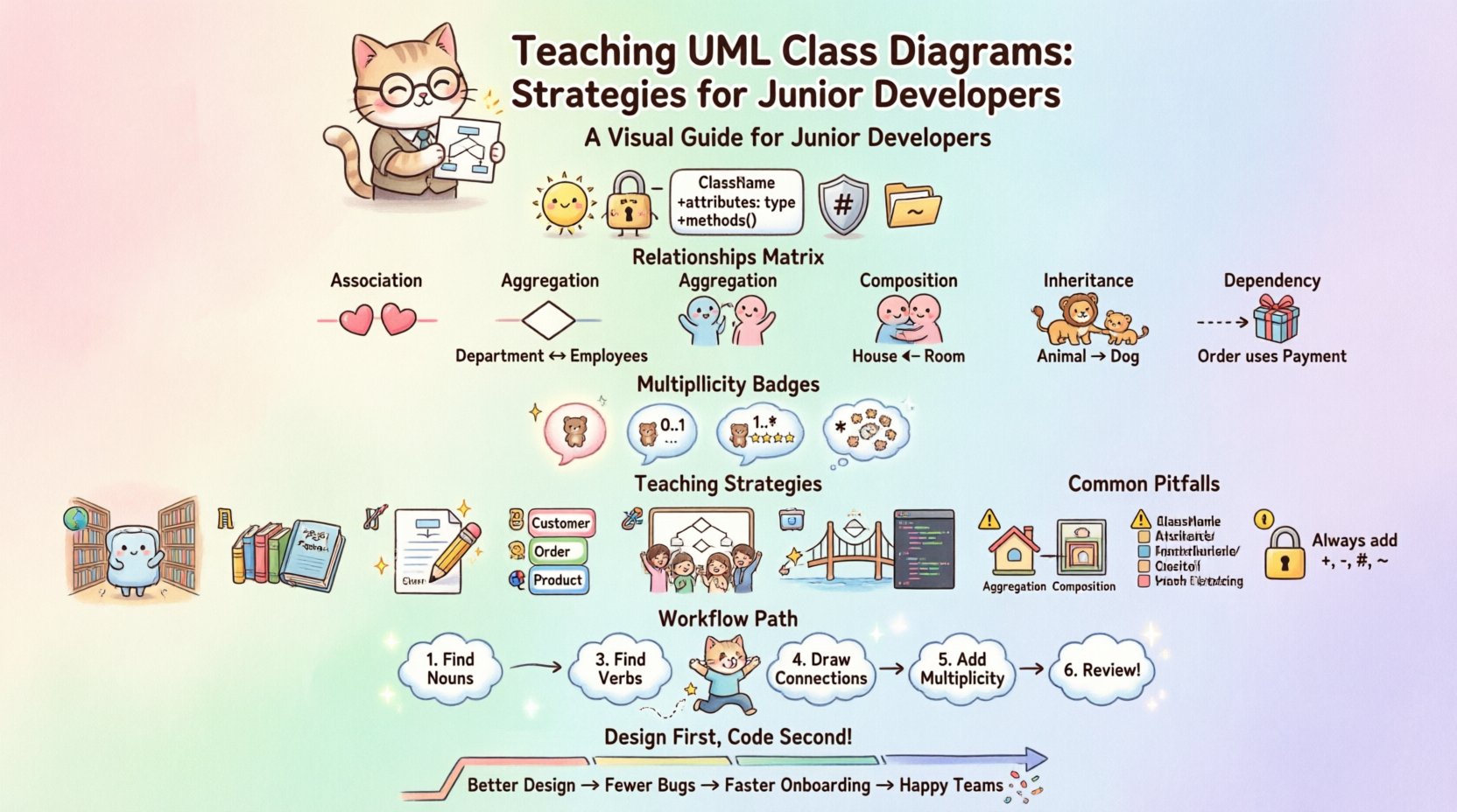 Kawaii-style infographic teaching UML class diagrams to junior developers: features cute illustrated guide covering core components (class boxes with attributes/methods, visibility modifiers + - # ~), five relationship types (Association, Aggregation, Composition, Inheritance, Dependency) with visual notations, multiplicity indicators (1, 0..1, 1..*, *), pedagogical strategies (real-world analogies, iterative refinement, naming conventions), common pitfalls to avoid, 6-step practical workflow, and documentation best practices; pastel color palette with friendly mascots, rounded design elements, and icon-driven visual hierarchy for accessible learning