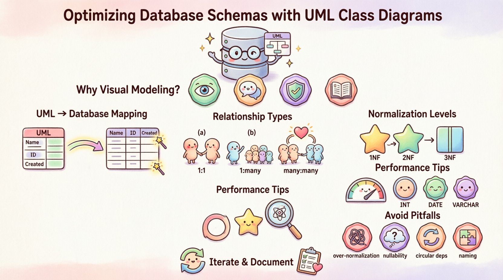 Cute kawaii-style infographic illustrating how UML class diagrams optimize database schemas, featuring pastel-colored rounded vector elements showing classes-to-tables mapping, relationship types (one-to-one, one-to-many, many-to-many), normalization levels (1NF, 2NF, 3NF), performance indexing tips, and common design pitfalls with friendly character icons and simple visual flow